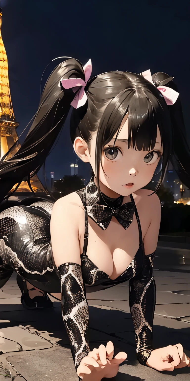 ((10 year old girl with twin tails))Realistically、(Keep your head low、Get on all fours with your butt sticking out、)Emphasize the tail、Open and sexy look、Accentuate your cleavage、Wearing a snake print bodysuit、Various sexy poses、Background Eiffel Tower at night