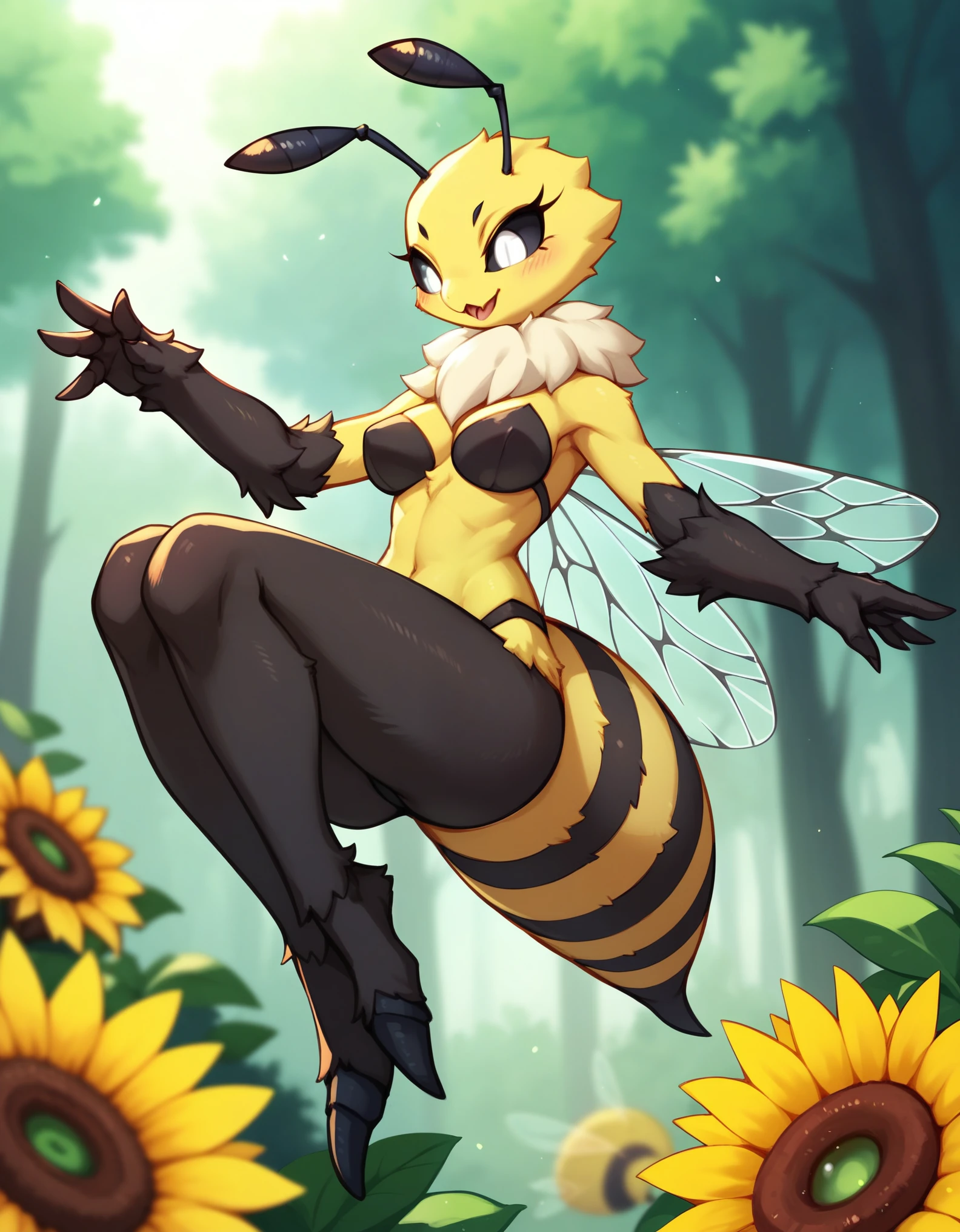 Solo, score_9,score_8_up,score_7_up, score_6_up, score_5_up, kemono style, anthro, a tall bee, tall and slender body, female Anthro bee, bug, insect, nostrils, furry head, white eyes, black sclera, small bee antennae, small bee abdomen, bee wings, yellow body, black arms and legs, brown neck fur, in a forest of giant sunflowers, flying, dynamic action shot, she is flying through forest
