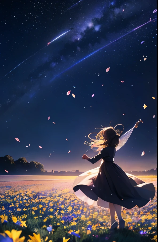 (star-filled sky and midnight: 1.3), (flower field with colorful petals dancing: 1.5), silhouettes of angels standing in the distance, spreading their wings and looking up at the sky, galaxies floating and shining in the sky