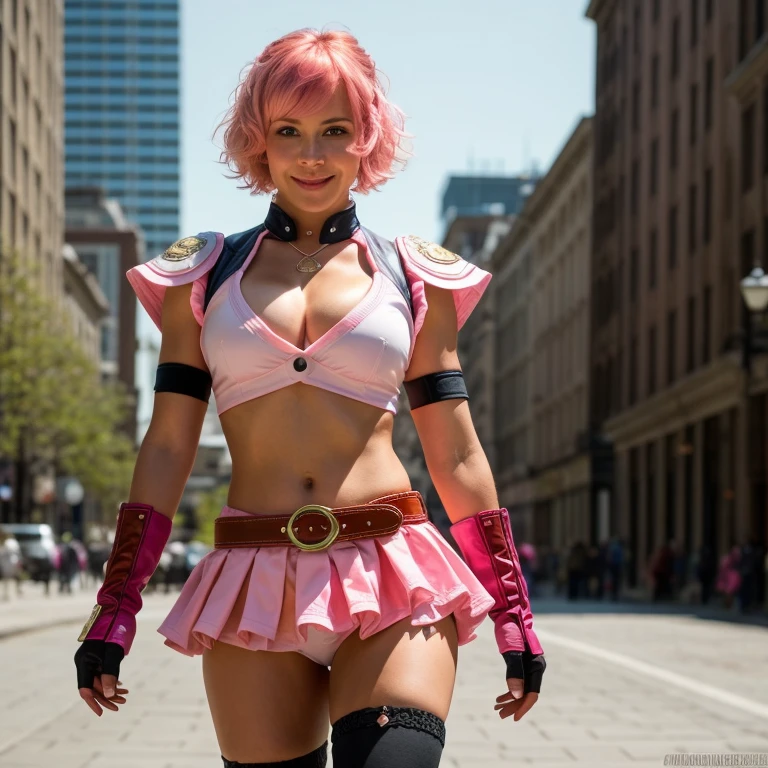  woman,cowboy shot, beautiful nora_valkyrie, looking at viewer, smile, short hair, blue eyes,heart cutout, gloves, jacket, pink skirt, pink belt, short sleeves, puffy sleeves, single armband, fingerless gloves, orange hair, pink gloves, dynamic pose, night, outdoors, city, (volumetric lighting), best quality, masterpiece, intricate details, tonemapping, sharp focus, hyper detailed, trending on Artstation