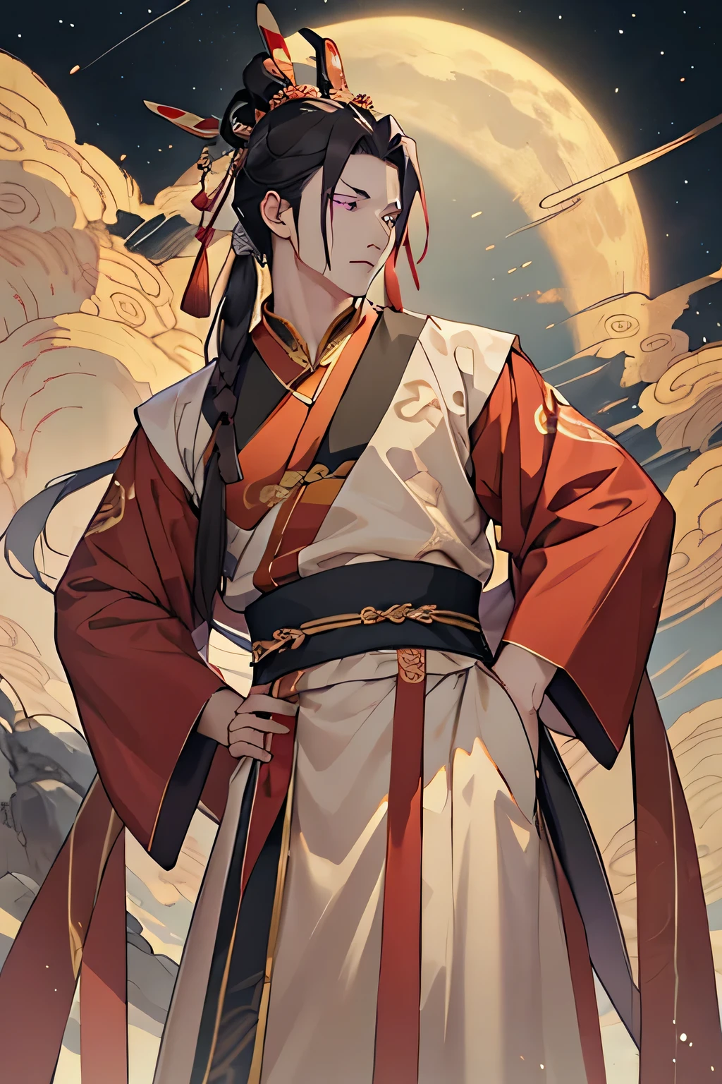 ((best quality)), ((masterpiece)), (detailed), Male immortals，Front image，Chinese Mythology，During the Song Dynasty。This is a man called the Son of the Demon Lord.。Behind him is the palace during the Song Dynasty。He has purple eyes，Looks very sad，It's like thinking。He looks handsome.。The background is a dark sky and white clouds，In the background is the palace during the Song Dynasty。His hands were behind his back。