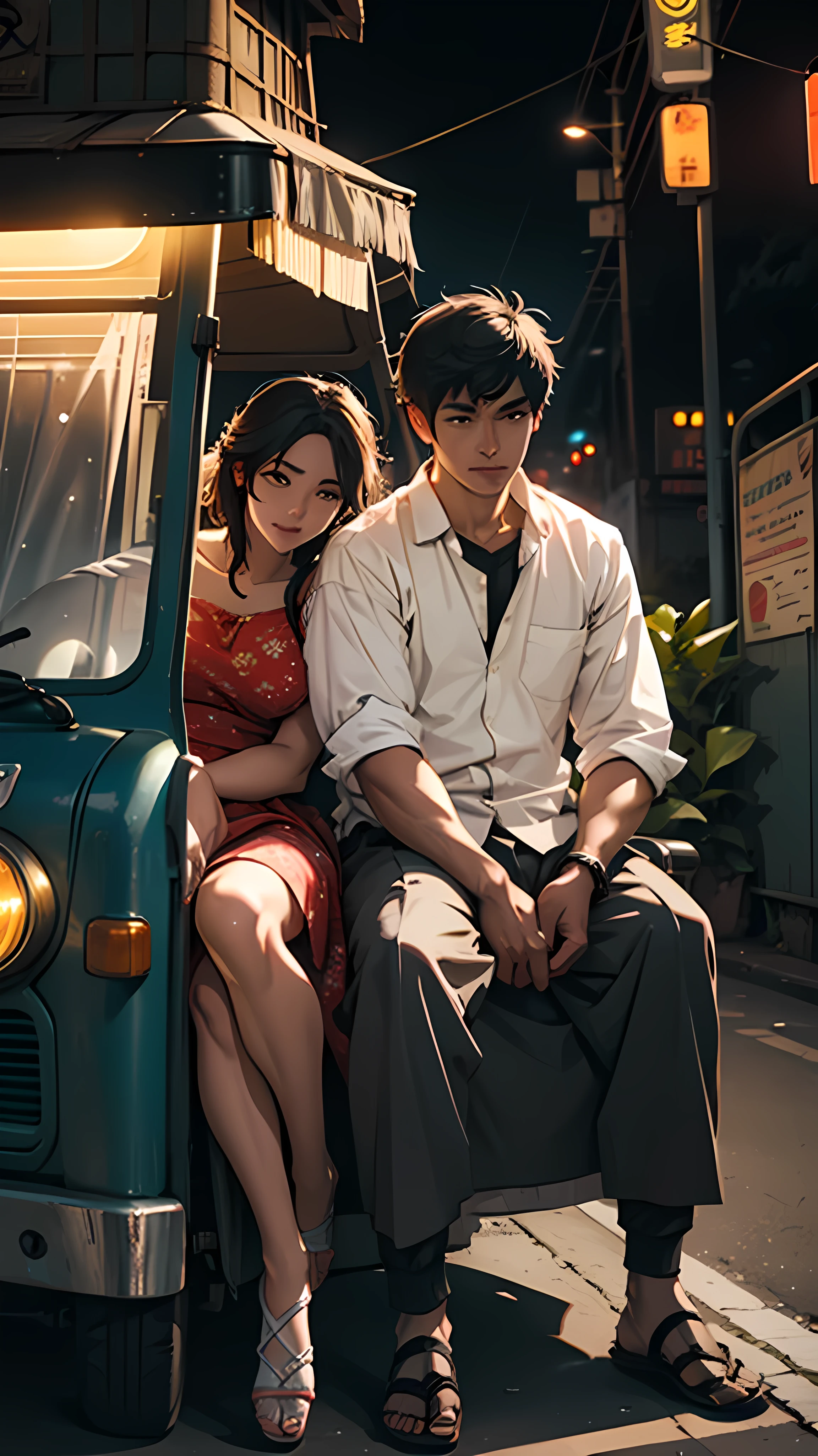 A Couple in an auto rickshaw, short clothes, sunny evening, hyperrealistic, detailed, cinematic lighting, 
