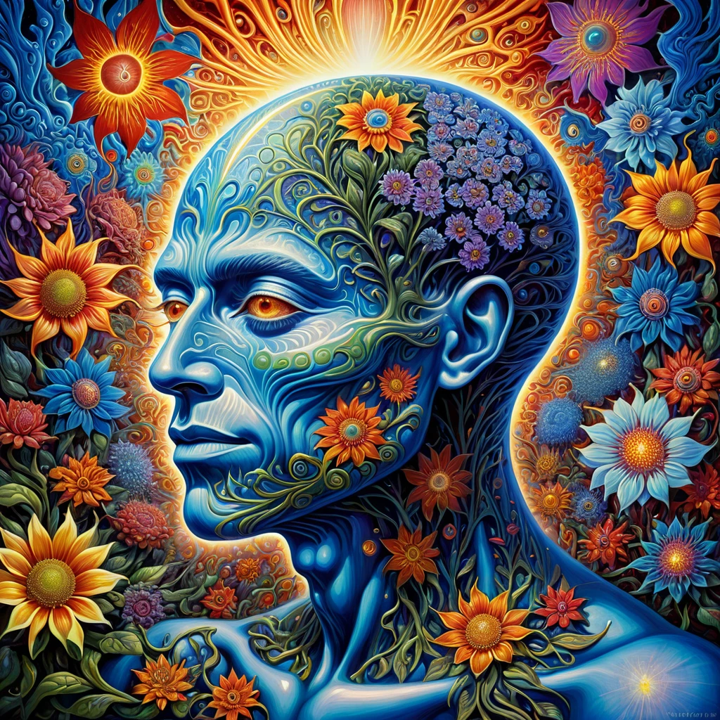 a painting of a man with a face made of flowers, dmt art, alex gray, alex grey and beksinski, while tripping on dmt, alex grey style, psychedelic surreal art, dmt ego of death, alex grey art, dmt god, psychedelic organic cyborg, hyper detailed visionary art, hyper - detailed visionary art