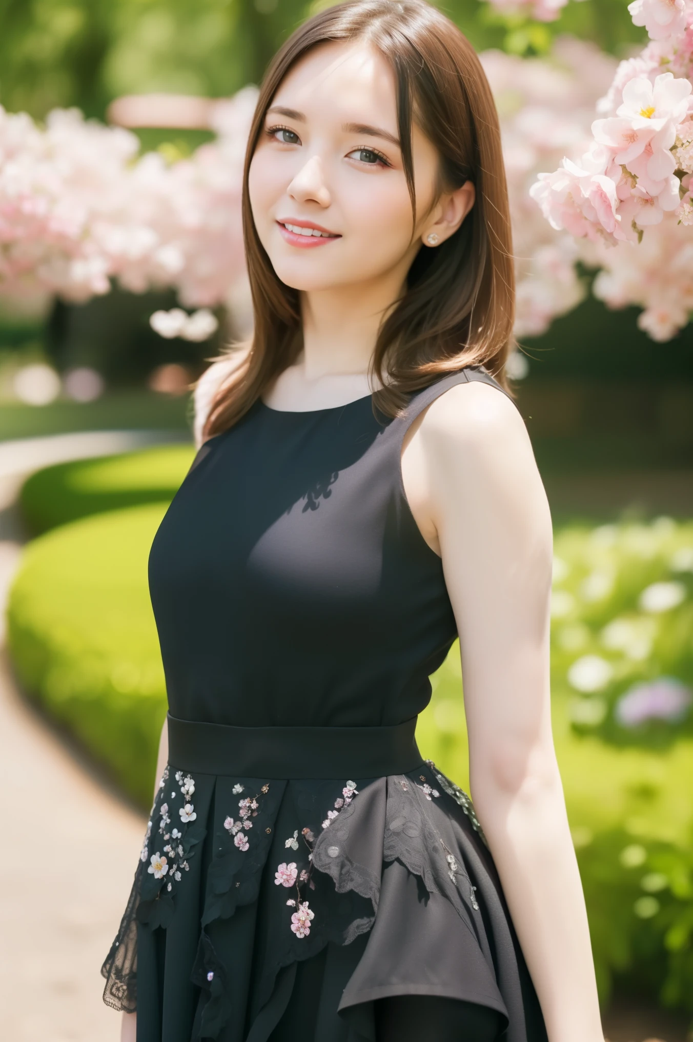 1girl,(RAW photo, best quality), (realistic, photo-realistic:1.4), masterpiece, an extremely delicate and beautiful, extremely detailed, 2k wallpaper, Amazing, finely detail, extremely detailed CG unity 8k wallpaper, ultra-detailed, highres, soft light, beautiful detailed girl, extremely detailed eyes and face, beautiful detailed nose, beautiful detailed eyes,cinematic lighting,perfect anatomy,
wearing a black peplum dress,mini skirt,(bokeh:1.2)
at a flower park,sakura flowers,flower garden,
smile