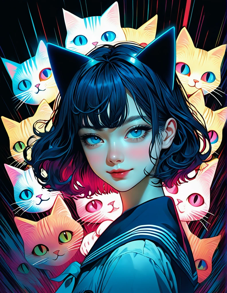 An illustration、art、70s horror movie posters, Supervised by Junji Ito、Attention to detail, Realistic Shadows、Analog Style, chromatic aberration, Surrealism、Complementary Gradient、(Highest quality, sketch:1.2),Realistic,An illustrationレーター,アニメ,1 girl, Detailed lips, Black and gold gradient background,Neon Hair,Texture Clipping, masterpiece, style: retro classic, Black style 、An illustration、art、70s horror movie posters, Supervised by Junji Ito、Attention to detail, Realistic Shadows、Analog style, chromatic aberration, Surrealism、Complementary Gradient、1 girl, 18-year-old, (Flat Chest: 1.5), Highest quality,High resolution,1People Girl,whole body,Are you okay,smile,Looking into the camera,short hair,Crimson Hair,Blue eyes,Sailor suit,beautiful girl,Cat ears on the head,Cat's tail on waist,smile,Be happy,landscape,walk,