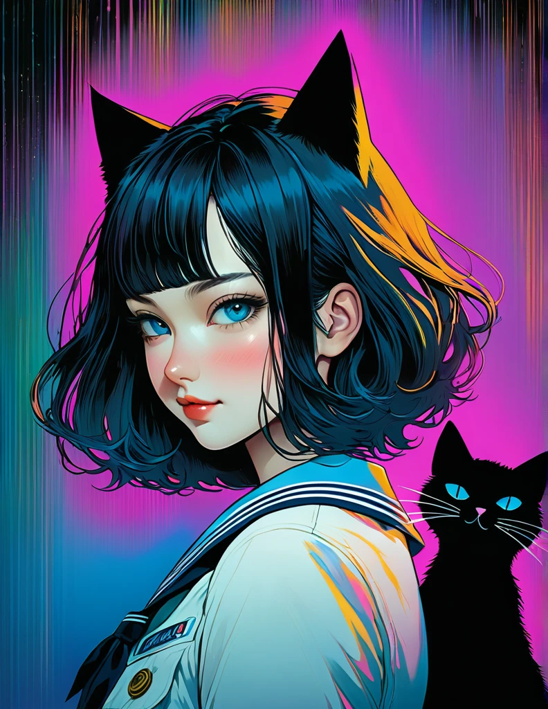 An illustration、art、70s horror movie posters, Supervised by Junji Ito、Attention to detail, Realistic Shadows、Analog Style, chromatic aberration, Surrealism、Complementary Gradient、(Highest quality, sketch:1.2),Realistic,An illustrationレーター,アニメ,1 girl, Detailed lips, Black and gold gradient background,Neon Hair,Texture Clipping, masterpiece, style: retro classic, Black style 、An illustration、art、70s horror movie posters, Supervised by Junji Ito、Attention to detail, Realistic Shadows、Analog style, chromatic aberration, Surrealism、Complementary Gradient、1 girl, 18-year-old, (Flat Chest: 1.5), Highest quality,High resolution,1People Girl,whole body,Are you okay,smile,Looking into the camera,short hair,Crimson Hair,Blue eyes,Sailor suit,beautiful girl,Cat ears on the head,Cat's tail on waist,smile,Be happy,landscape,walk,