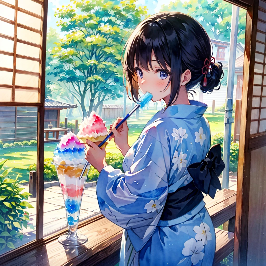 Japanese festival, girl eating shaved ice, wearing yukata, watercolor style