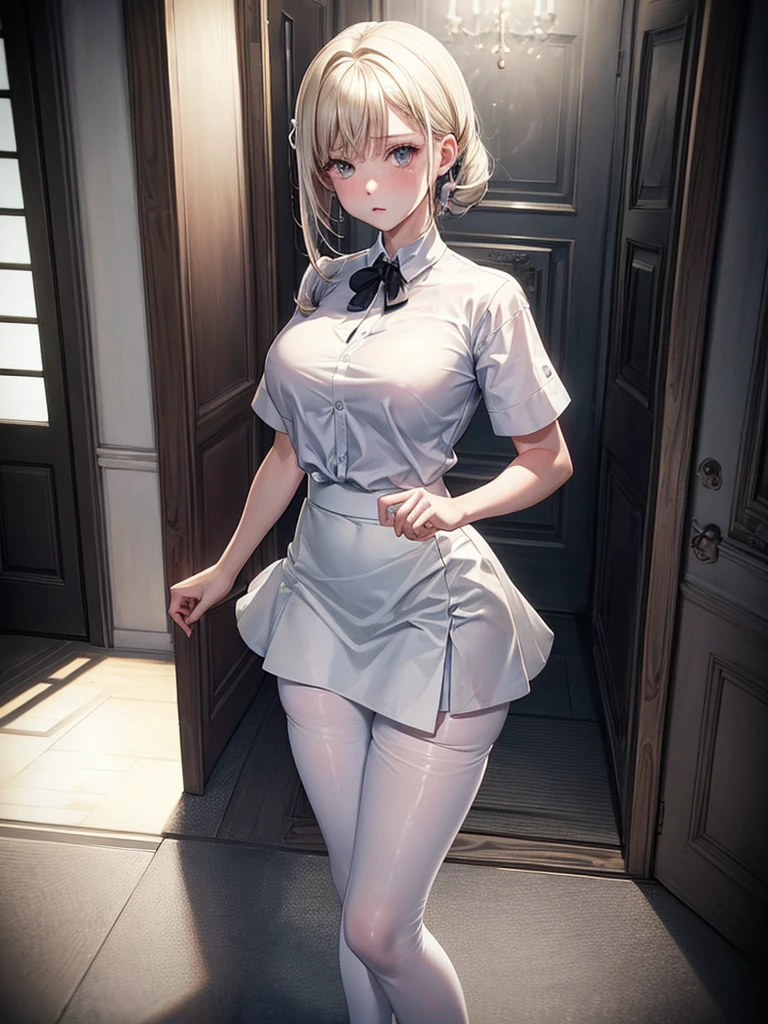 realisitic,photorealisitic,work of art,best qualityer,dark shot,1 girl,breasts big,white pantyhose,white shirt,skirt short,Inside the house,full-featured_cos,, work of art, best qualityer,