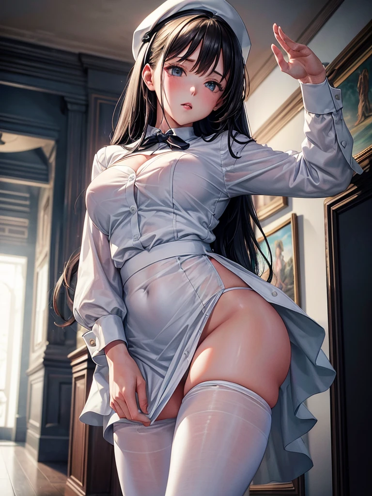 realisitic,photorealisitic,work of art,best qualityer,dark shot,1 girl,breasts big,white pantyhose,white shirt,skirt short,Inside the house,full-featured_cos,, work of art, best qualityer,
