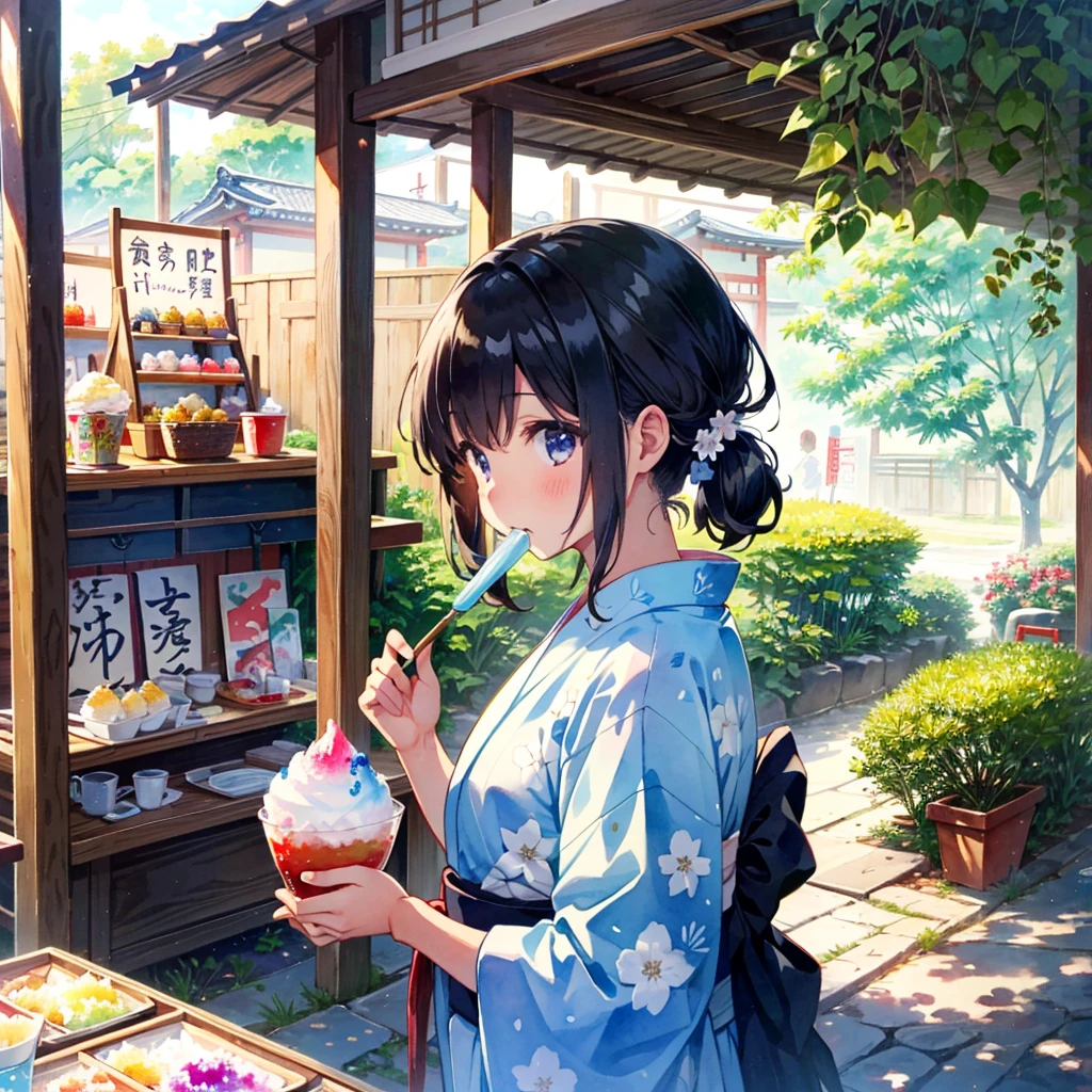 Japanese festival, girl eating shaved ice, wearing yukata, watercolor style