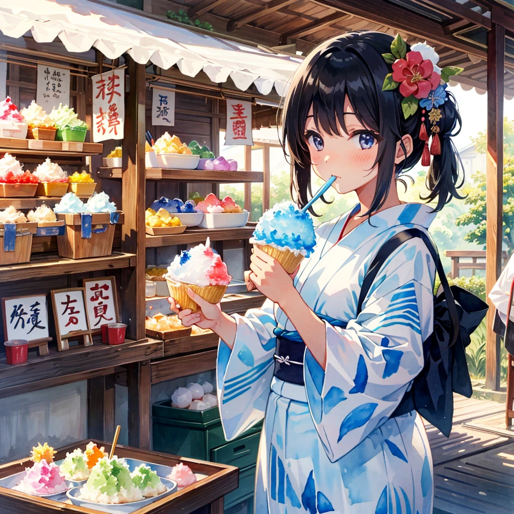 Japanese festival, girl eating shaved ice, wearing yukata, watercolor style