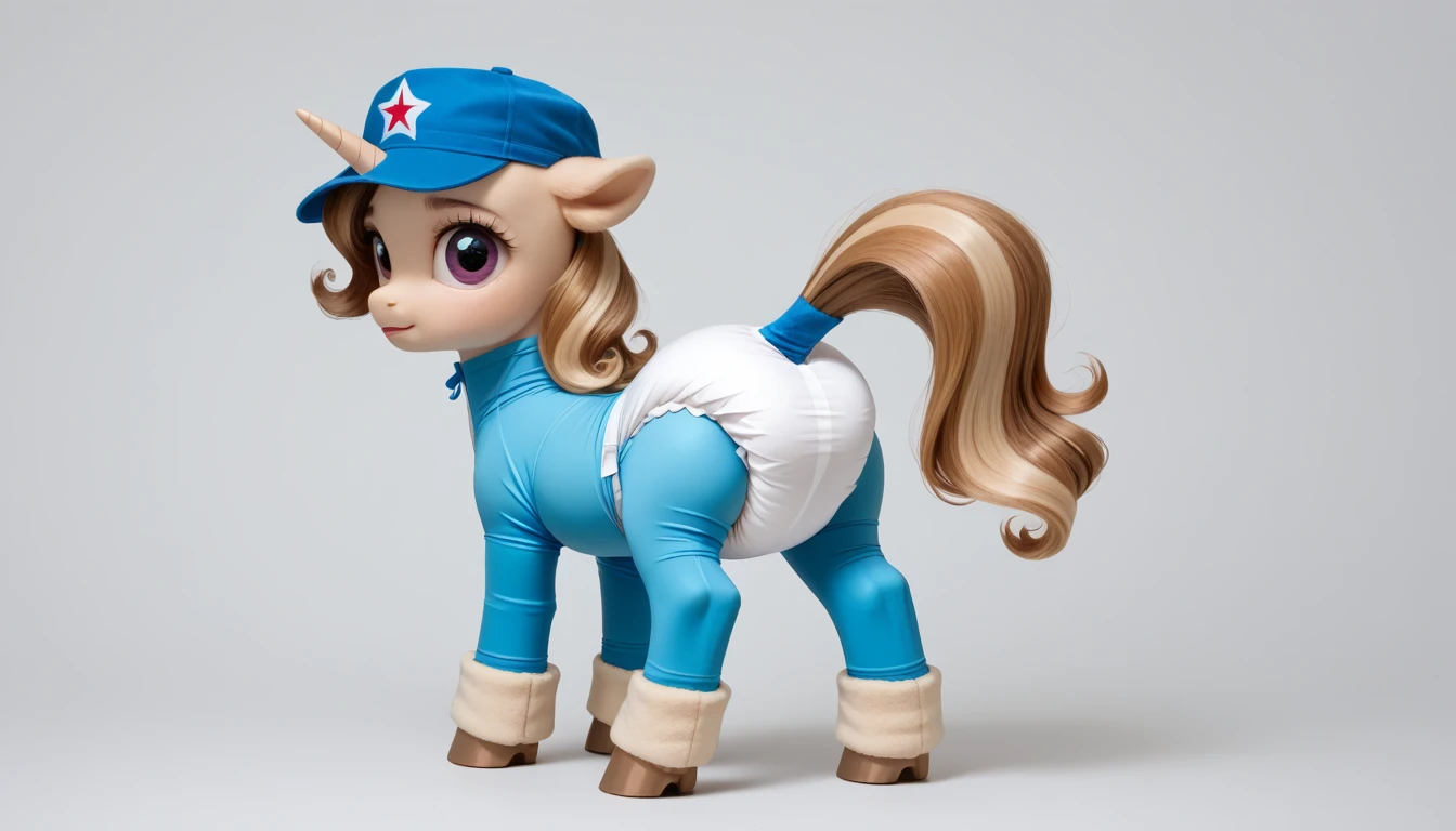 pony, light caramel unicorn, adult filly, stands on four hooves, rear hooves spread wide apart, dressed in bodysuit, baby blue cap and booties, solo, raised tail, additional padding in clothing around the rump, thick diaper under clothes, simple background.