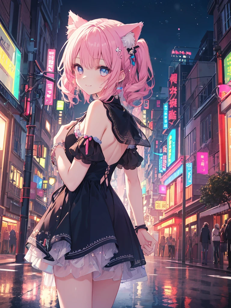 Absurd, High resolution, (Anime Style:1.1), ((Tabletop)), ((Highest quality)), (Very detailed), (beautiful), alone, beautiful face、(lift),12 years old、beautiful Fine Star々、Cute girl in cute clothes standing on high hill、私はとてもbeautifulです, Delicate and detailed urban night view、One Girl、beautiful colorful hair, Colorful eyes,View your audience,Lens flare,dramatic, From the back、Whole Body Ezbian、Low - Angle、(Neon Light、Accessories for girls who shine with reflection:1.3)、Laughter, Cat ear, A small smile