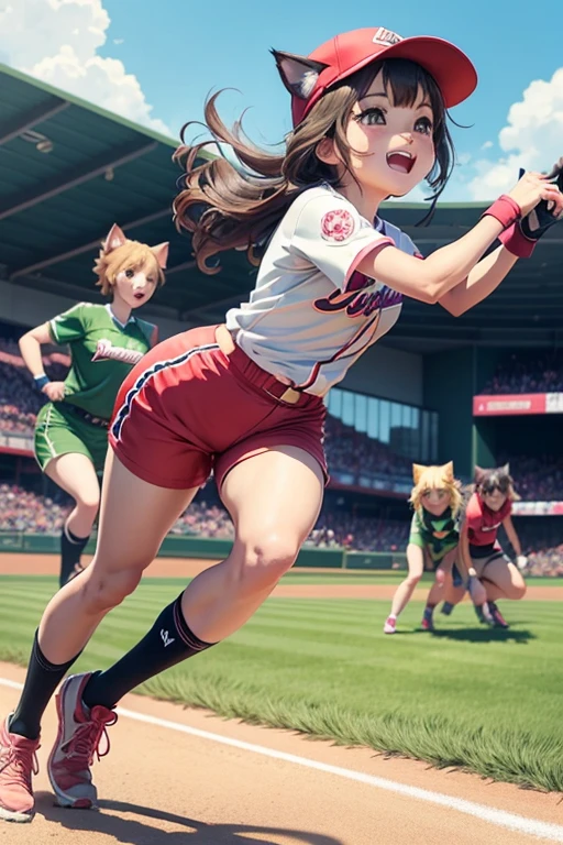 A group of cute, realistic anime kittens in vibrant, Anime-style baseball uniforms, complete with caps and tiny gloves, playing baseball in a sunny, green field. Some kittens are batting, others are pitching, and a few are chasing a ball. The scene is cheerful and lively, with bright, vivid colors and an energetic, playful atmosphere
