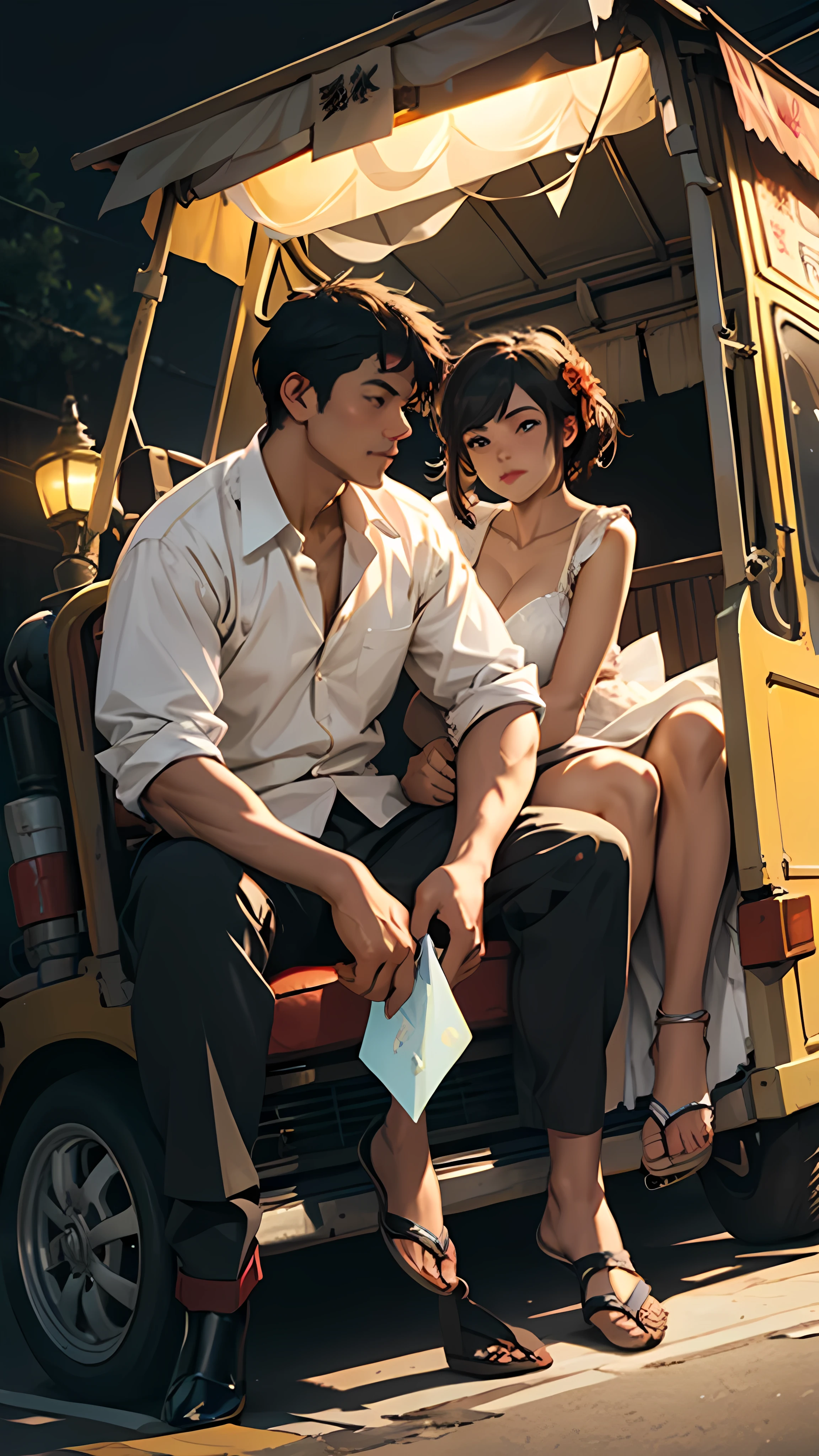 A Couple in an auto rickshaw, short clothes, sunny evening, hyperrealistic, detailed, cinematic lighting,