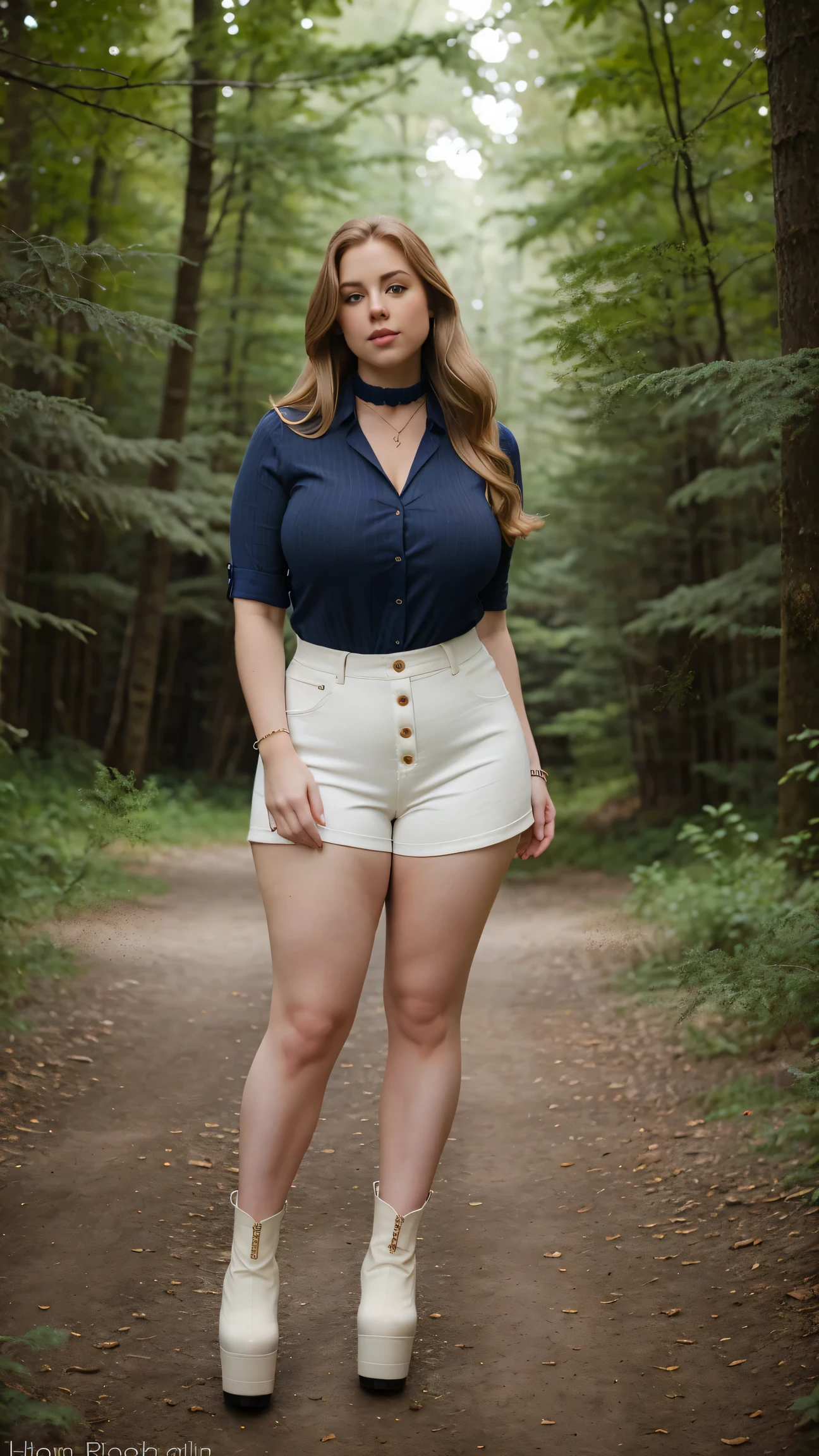Fine art photograph in a sunny day a blonde curvy girl(very busty, very pale skin(porcelain skin)), dressed in a: 

#### Outfit 1
- **Description:** A modern casual outfit featuring a navy and white striped button-up top tucked into high-waisted beige shorts.
- **Accessories:** Choker necklace, long stockings with distressed details, and platform boots with thick laces.
- **Hairstyle:** Long brown hair styled in soft waves, with a portion pulled back from the face.
- **Adjusted for Blonde Curvy Girl:** The button-up top would be tailored to accommodate her bust, perhaps with a slightly deeper neckline for a flattering fit. The high-waisted shorts accentuate her waist and curvy hips, while the long stockings add a stylish touch. Platform boots elongate her legs.

She is in a forest shrouded in glowing-mystery, 


A subtle haze and a soft focus in the background.

