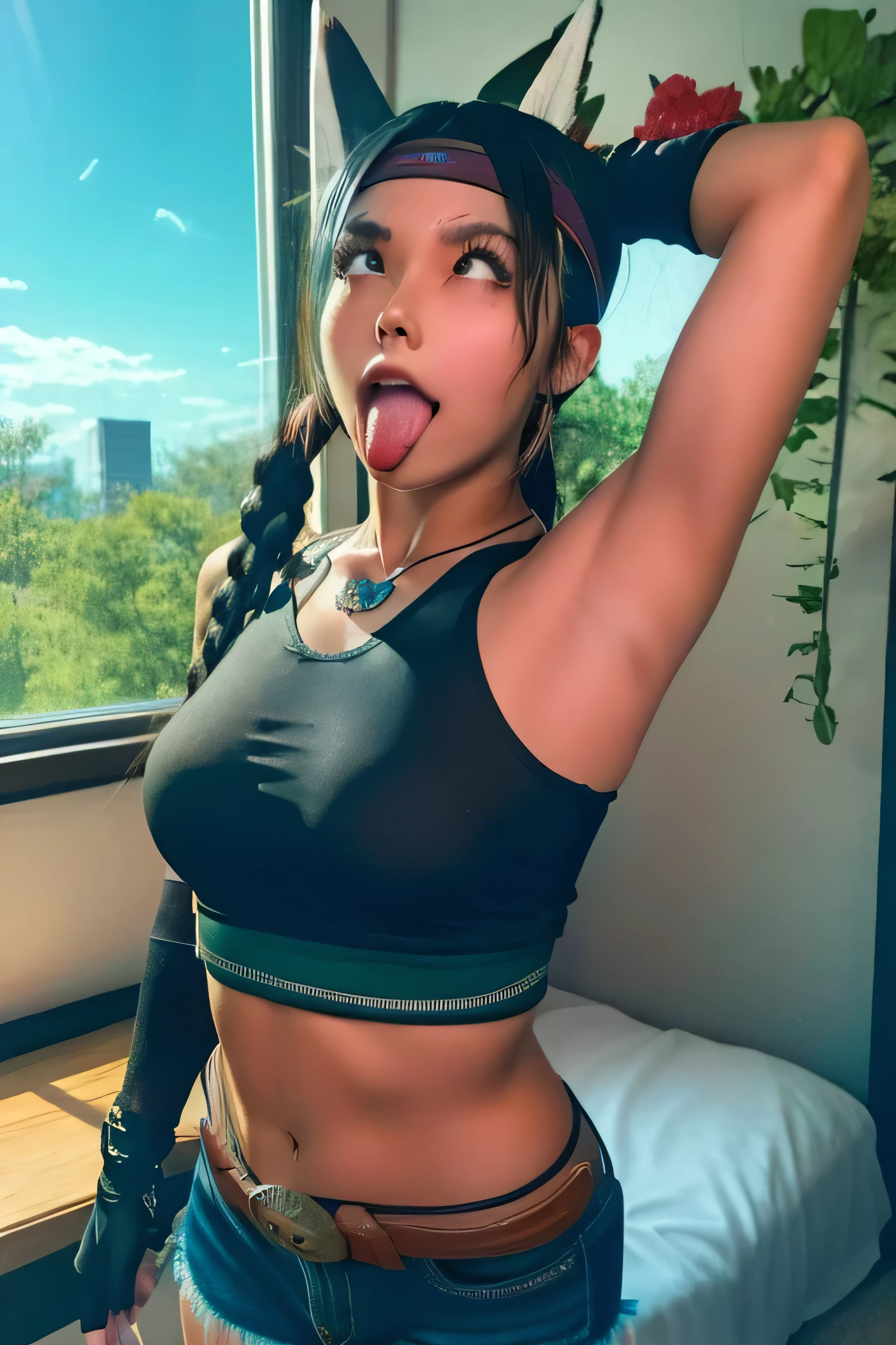 1 girl, standing, Julia Chang,18 years old, Cups, Black thighs, arm warmers, , shorts, brownish black hair, big chest, big ass, medium breasts,capture anime screen, mature appearance,armpits,sweat,sweaty,sweaty armpits,arms up,showing armpits,awesome armpits,outfit, black arm warmers, black arm bands, arm warmers