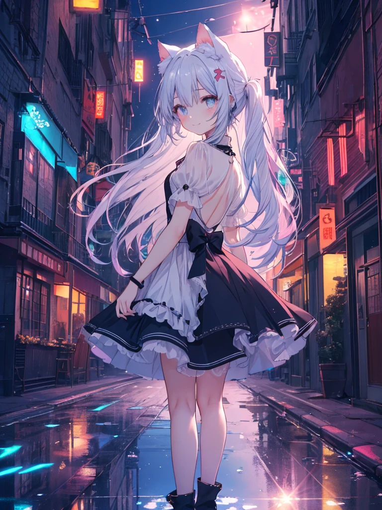 Absurd, High resolution, (Anime Style:1.1), ((Tabletop)), ((Highest quality)), (Very detailed), (beautiful), alone, beautiful face、(lift),12 years old、beautiful Fine Star々、Cute girl in cute clothes standing on high hill、私はとてもbeautifulです, Delicate and detailed urban night view、One Girl、beautiful colorful hair, Colorful eyes,View your audience,Lens flare,dramatic, From the back、Whole Body Ezbian、Low - Angle、(Neon Light、Accessories for girls who shine with reflection:1.3)、Laughter, Cat ear, A small smile