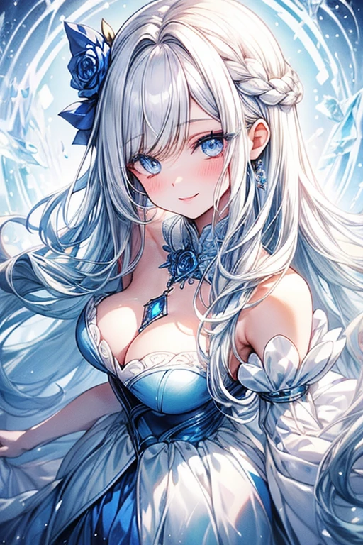 headshot of a girl, long pure snow-white hair with pastel blue ombre, side bangs, straight hair, crystal eyes, pale light-blue eyes, diamond eyes, sharp eyes, pale skin, feminine body, slim body, attractive, beautiful, fantasy clothing, blue formal dress, blue roses, blue sapphire gemstone, smiling genuinely, fantasy background, blue magic aura, masterpiece, exquisitely detailed