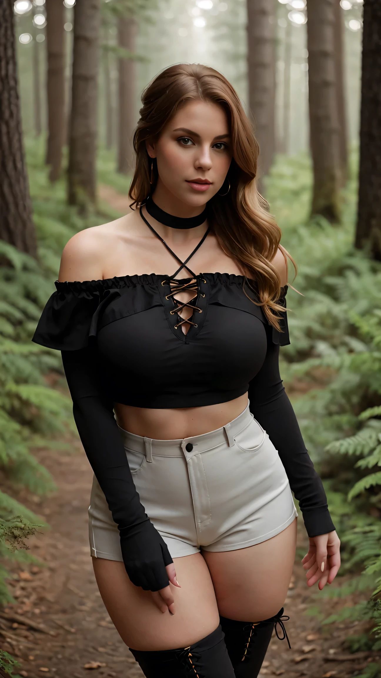 Fine art photograph in a sunny day a blonde curvy girl(very busty, very pale skin(porcelain skin)), dressed in a: 


#### Outfit 2
- **Description:** A chic, slightly edgy look with a black crop top featuring off-shoulder sleeves and high-waisted red plaid shorts.
- **Accessories:** Choker necklace, thigh-high black stockings, and heeled lace-up boots.
- **Hairstyle:** Brown hair styled in a high bun with loose strands framing the face.
- **Adjusted for Blonde Curvy Girl:** The off-shoulder crop top highlights her bust and shoulders, while the high-waisted shorts emphasize her waist and curves. The thigh-high stockings and heeled boots add height and a touch of sophistication.

She is in a forest shrouded in glowing-mystery, 


A subtle haze and a soft focus in the background.

