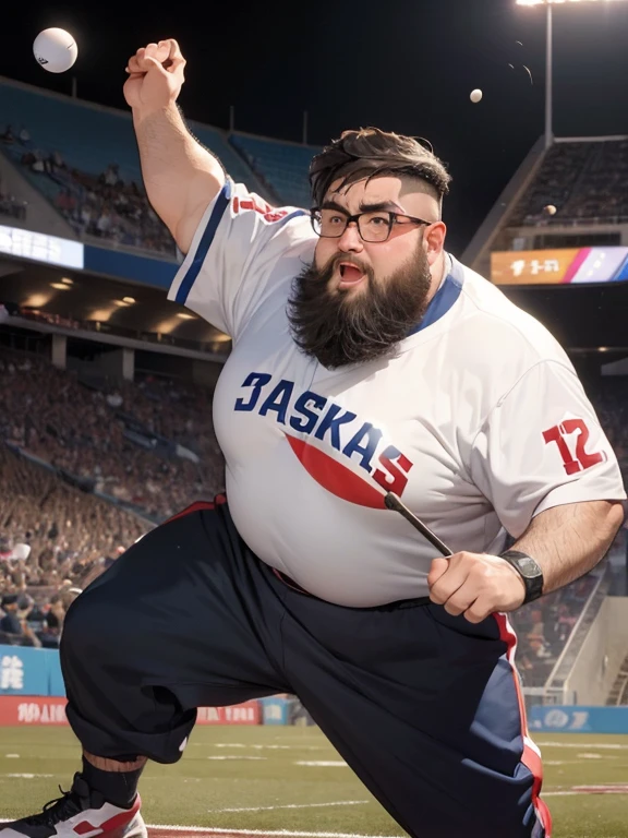 (yossan), beard, Glasses, obesity, Sports photography, (Pellets投), Throw, (Throwの瞬間), Powerful facial expressions, (Pellets), Iron ball, Japanese Representative, Bib, Cheering from the stadium, full body