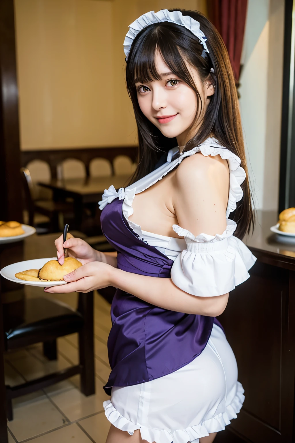 ((masterpiece)), ((best quality)), ((ultra-detailed)),((hyperrealistic)),shiny skin,1girl,,(((swept bangs))),hair intakes ,black hair,long hair,straight hair,sidelocks,sideburns,((dark purple eyes)),medium breasts,,smile,dynamic angle,(maid,miniskirt),((maid cafe)),ass,((omlet)),