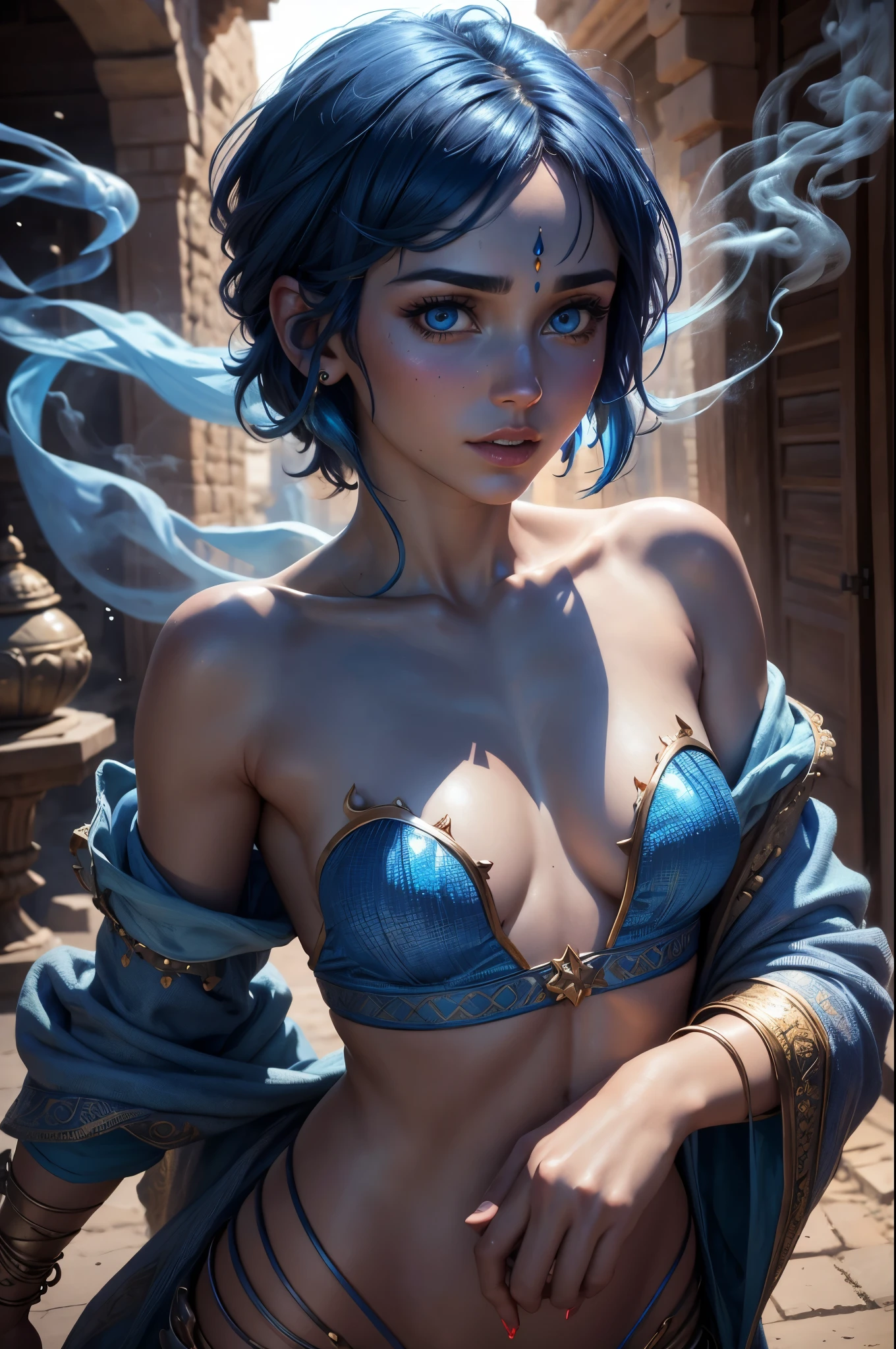 realistic, analog photo, Masterpiece, RAW photo, middle shot, photorealistic, (detailed cute face), genie, (folkloric Arabic creature), (in "Aladdin" style), (cute female, looks like Rachel Cook), short blue hair, blue skin, detailed Arabic village on background, (ghost blue smoke body), smoke particles, halo, (bioluminescent:0.95), vivid colors, vibrant color details, dynamic, Intensed eyes, sexy, pleasure, smoke splash, wishmaster, depth of field, 35mm, film grain, raw photo, isometric, extremely detailed
