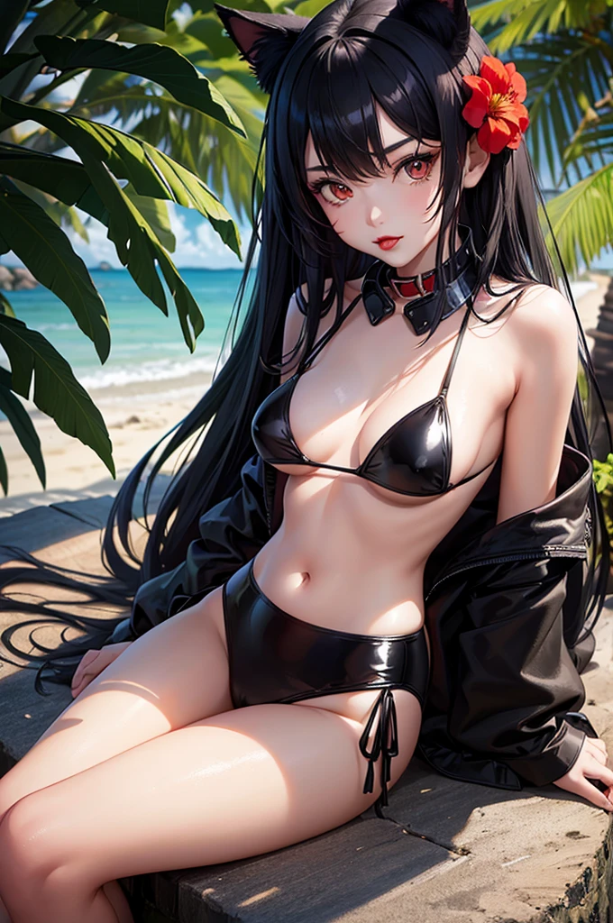 Detailed facial details，16 years old，1 girl，Red lips，Cat ear，Black long hair，Wearing a pure white bikini，Large Breasts，Slim，Collar，Radiant Skin，Sitting on the bed，flower，bedroom