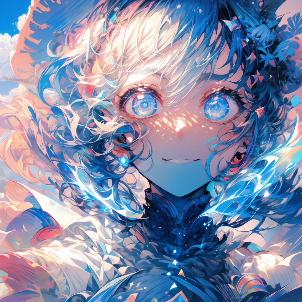 solitary, 1boy, boy,boy雕塑, best quality, Extremely detailed, Light, Intricate details, high resolution, Official Art, Delicate face and eyes, high resolution插图, 8K, dark, Strong shadows, Overexposure,((space)),boy, universe, Light blue hair, Gradient hair, White Dress, , Long Teng flowing sweatshirt long sleeve, Detailed clouds, Gradient sky, Light blue eyes, Blue sky, Smile, Upper Body,boy,boy