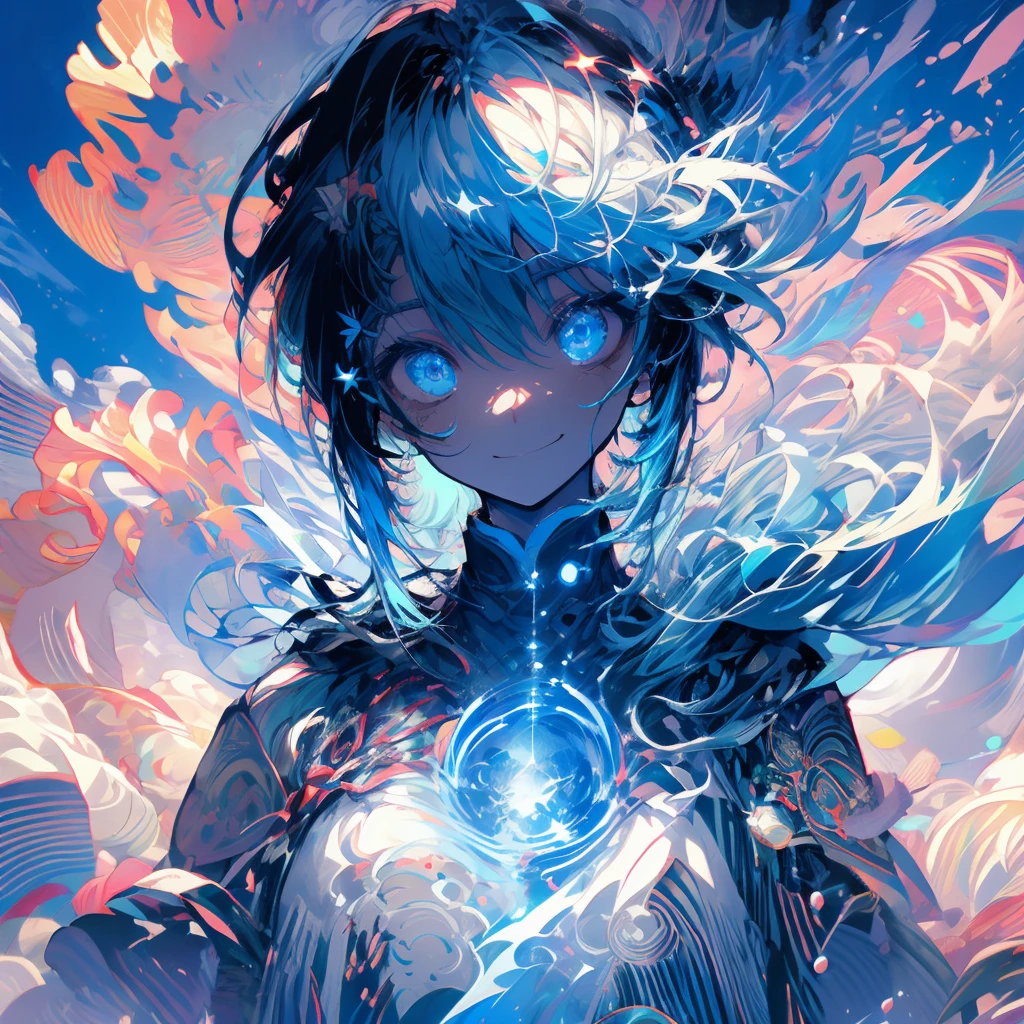 solitary, 1boy, boy,boy雕塑, best quality, Extremely detailed, Light, Intricate details, high resolution, Official Art, Delicate face and eyes, high resolution插图, 8K, dark, Strong shadows, Overexposure,((space)),boy, universe, Light blue hair, Gradient hair, White Dress, , Long Teng flowing sweatshirt long sleeve, Detailed clouds, Gradient sky, Light blue eyes, Blue sky, Smile, Upper Body,boy,boy