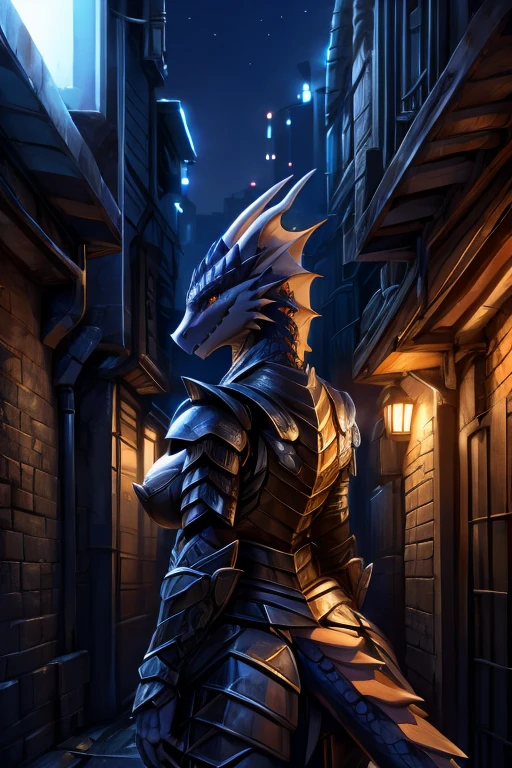 Highest quality、high resolution、Armored female dragon、big breasted、The background is a back alley、night