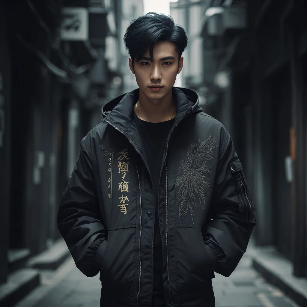 Professional photography of a full body elegant Asian man with body charm, mysterious aura, trendy black short taper hair, wearing a parka jacket with intricate sablon text (('Mau nya gitu?)) ' in a cosplay style, ultra-realistic rendering, masterpiece quality, dark alley background, cinematic, adjust contrast & saturation, vibrant color, with an enigmatic and intriguing expression, high definitions