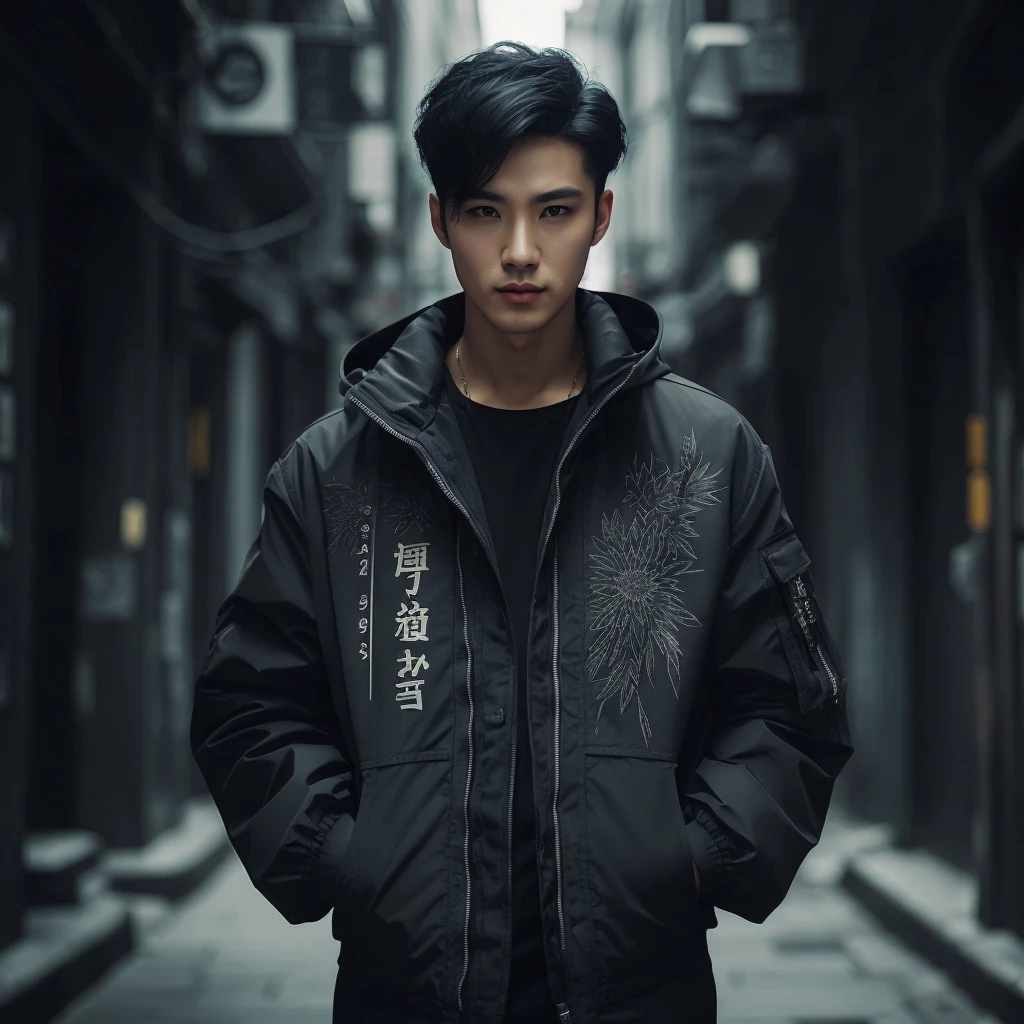 Professional photography of a full body elegant Asian man with body charm, mysterious aura, trendy black short taper hair, wearing a parka jacket with intricate sablon text (('Mau nya gitu?)) ' in a cosplay style, ultra-realistic rendering, masterpiece quality, dark alley background, cinematic, adjust contrast & saturation, vibrant color, with an enigmatic and intriguing expression, high definitions