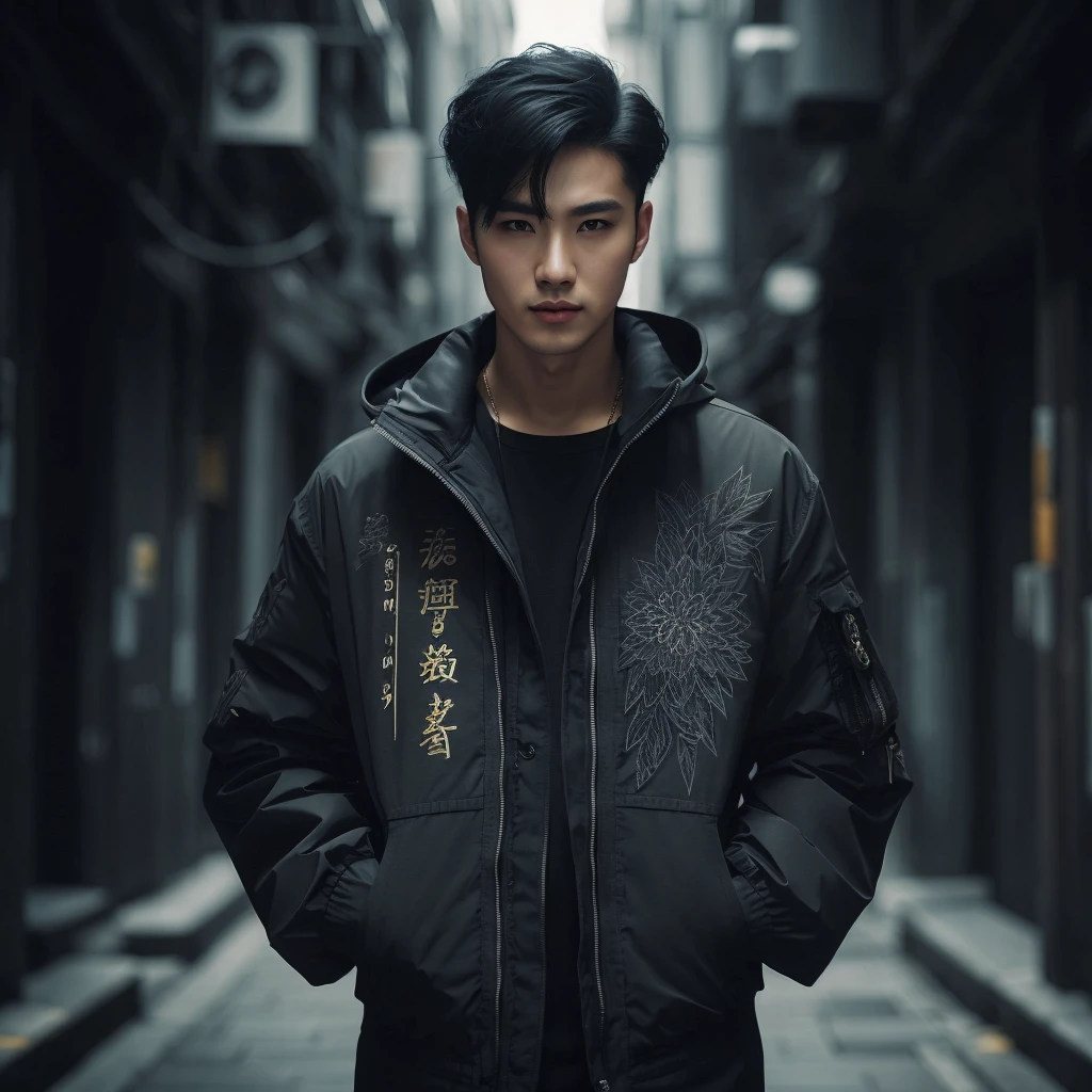 Professional photography of a full body elegant Asian man with body charm, mysterious aura, trendy black short taper hair, wearing a parka jacket with intricate sablon text (('Mau nya gitu?)) ' in a cosplay style, ultra-realistic rendering, masterpiece quality, dark alley background, cinematic, adjust contrast & saturation, vibrant color, with an enigmatic and intriguing expression, high definitions