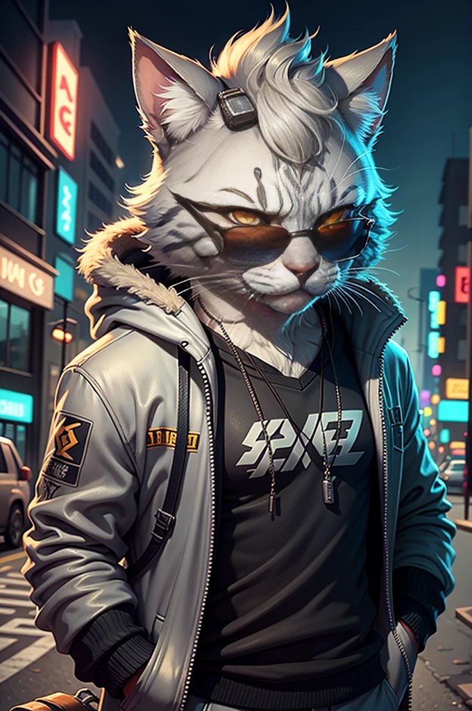 a cyberpunk silver cat wearing a suit and skateboard, sunglasses, detailed fur, intense gaze, detailed expression, dramatic lighting, neon city background, 8k,highly detailed,photorealistic