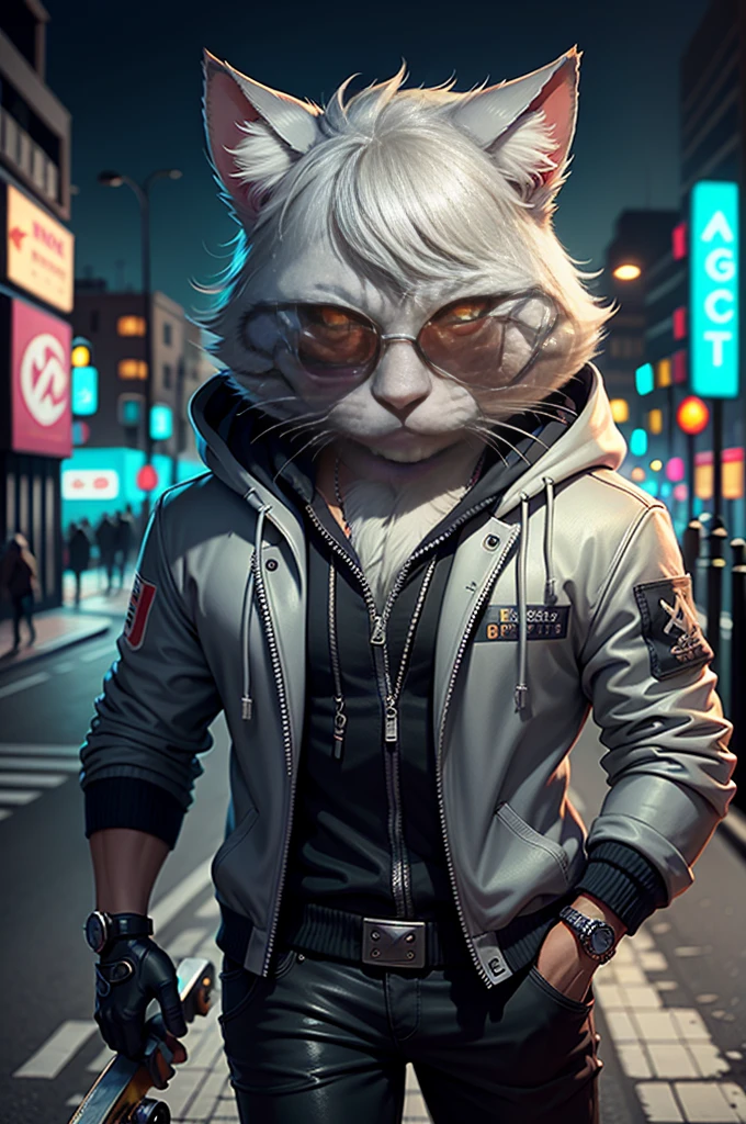 a cyberpunk silver cat wearing a suit and skateboard, sunglasses, detailed fur, intense gaze, detailed expression, dramatic lighting, neon city background, 8k,highly detailed,photorealistic