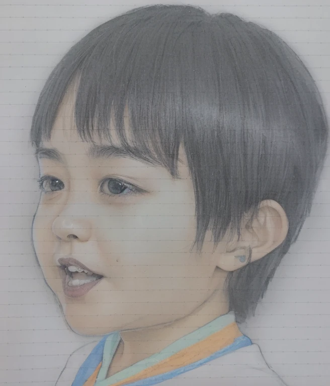 Realistic color photography style、Smiling emphasizes nasolabial folds. Make the chin a little thinner and accentuate the nasolabial folds.、I want it to look more like a color photograph...........。3 year old boy, Xu々To、Clearly visible、Emphasizes deep nasolabial folds from nose to mouth、Generate left and right dimples、Show me your beautiful smile.。Make your eyes look cute with double eyelids.