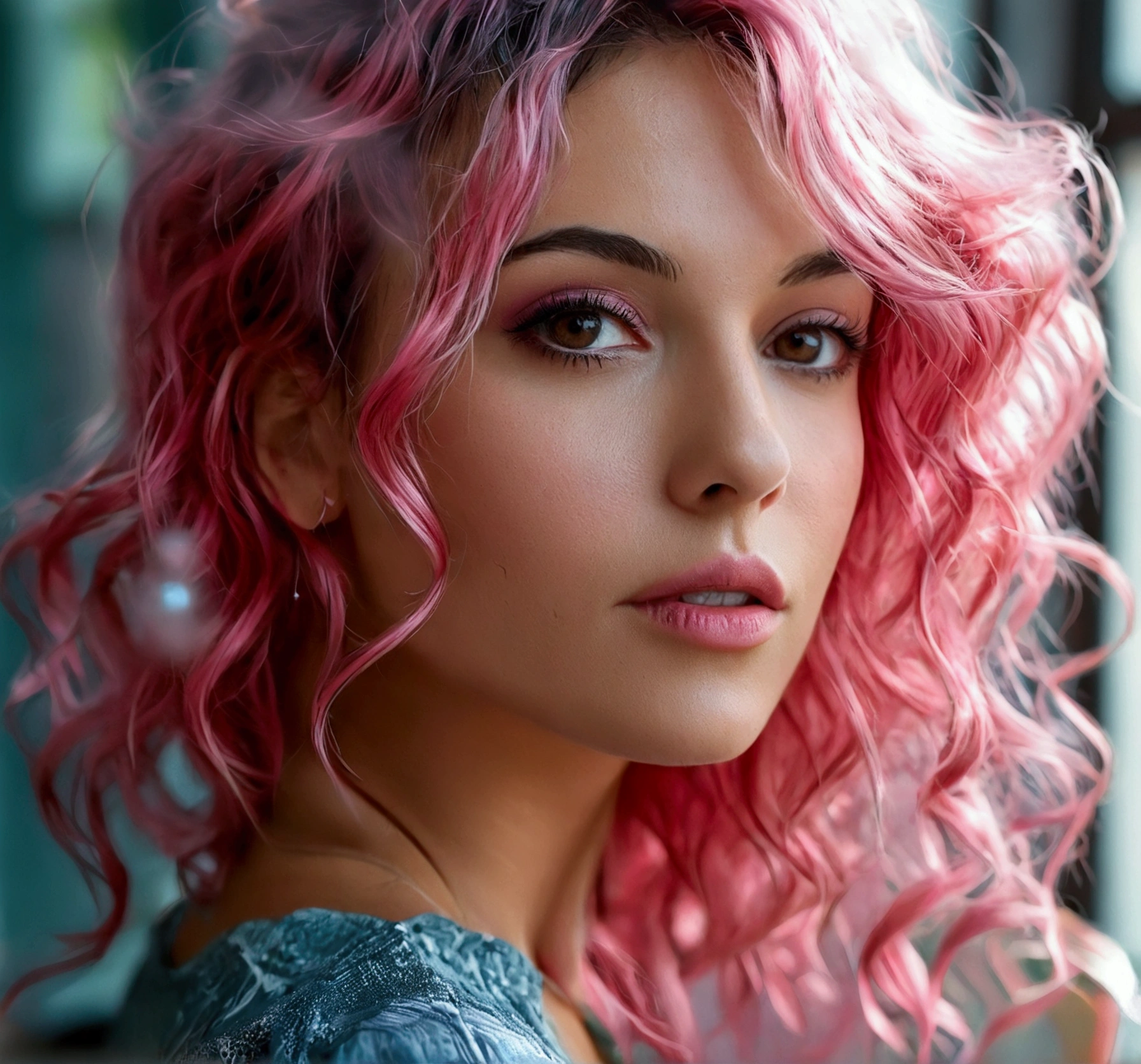 sexy 36-year-old brunette, dark pink-dyed hair tips, mid long wavy haircut. Brown eyes. Best quality, photorealistic,