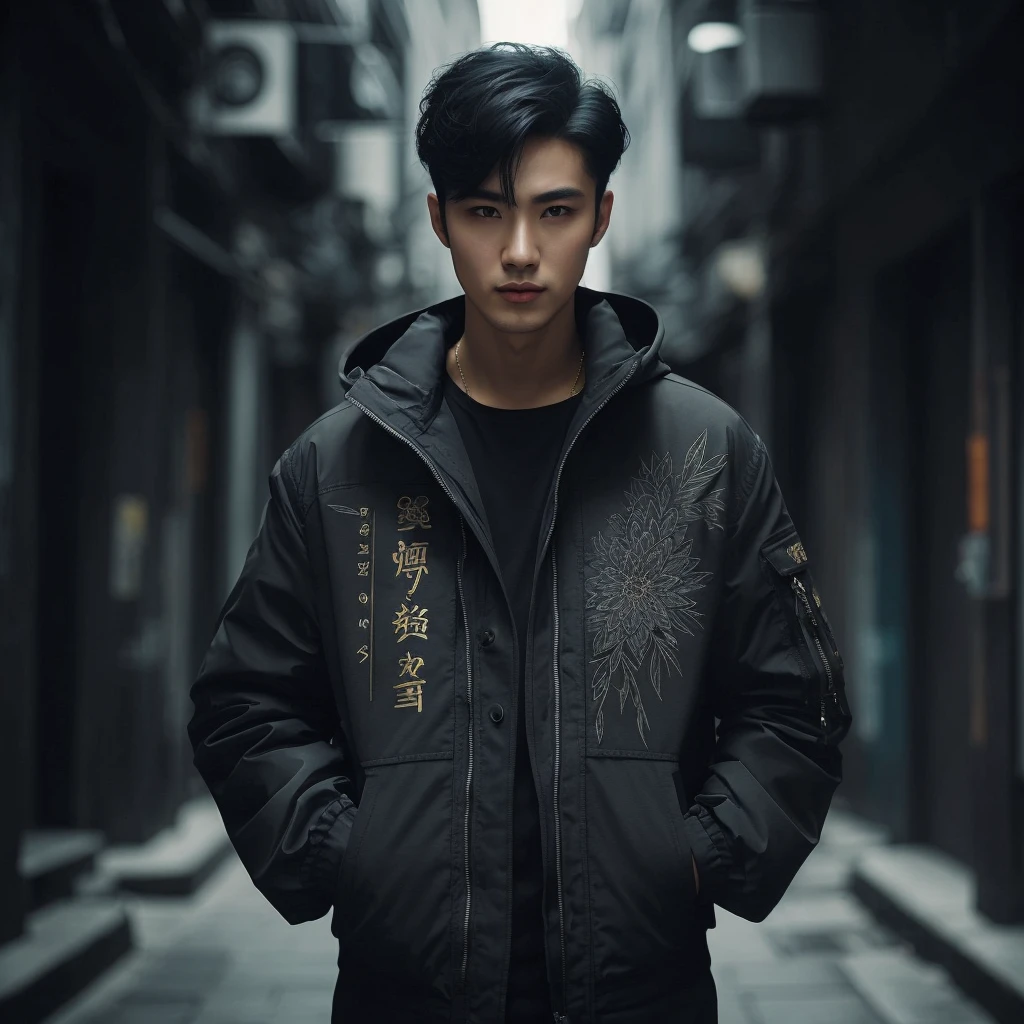Professional photography of a full body elegant Asian man with body charm, mysterious aura, trendy black short taper hair, wearing a parka jacket with intricate sablon text (('Mau nya gitu?)) ' in a cosplay style, ultra-realistic rendering, masterpiece quality, dark alley background, cinematic, adjust contrast & saturation, vibrant color, with an enigmatic and intriguing expression, high definitions