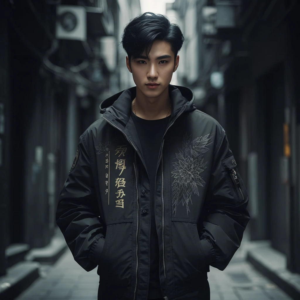 Professional photography of a full body elegant Asian man with body charm, mysterious aura, trendy black short taper hair, wearing a parka jacket with intricate sablon text (('Mau nya gitu?)) ' in a cosplay style, ultra-realistic rendering, masterpiece quality, dark alley background, cinematic, adjust contrast & saturation, vibrant color, with an enigmatic and intriguing expression, high definitions