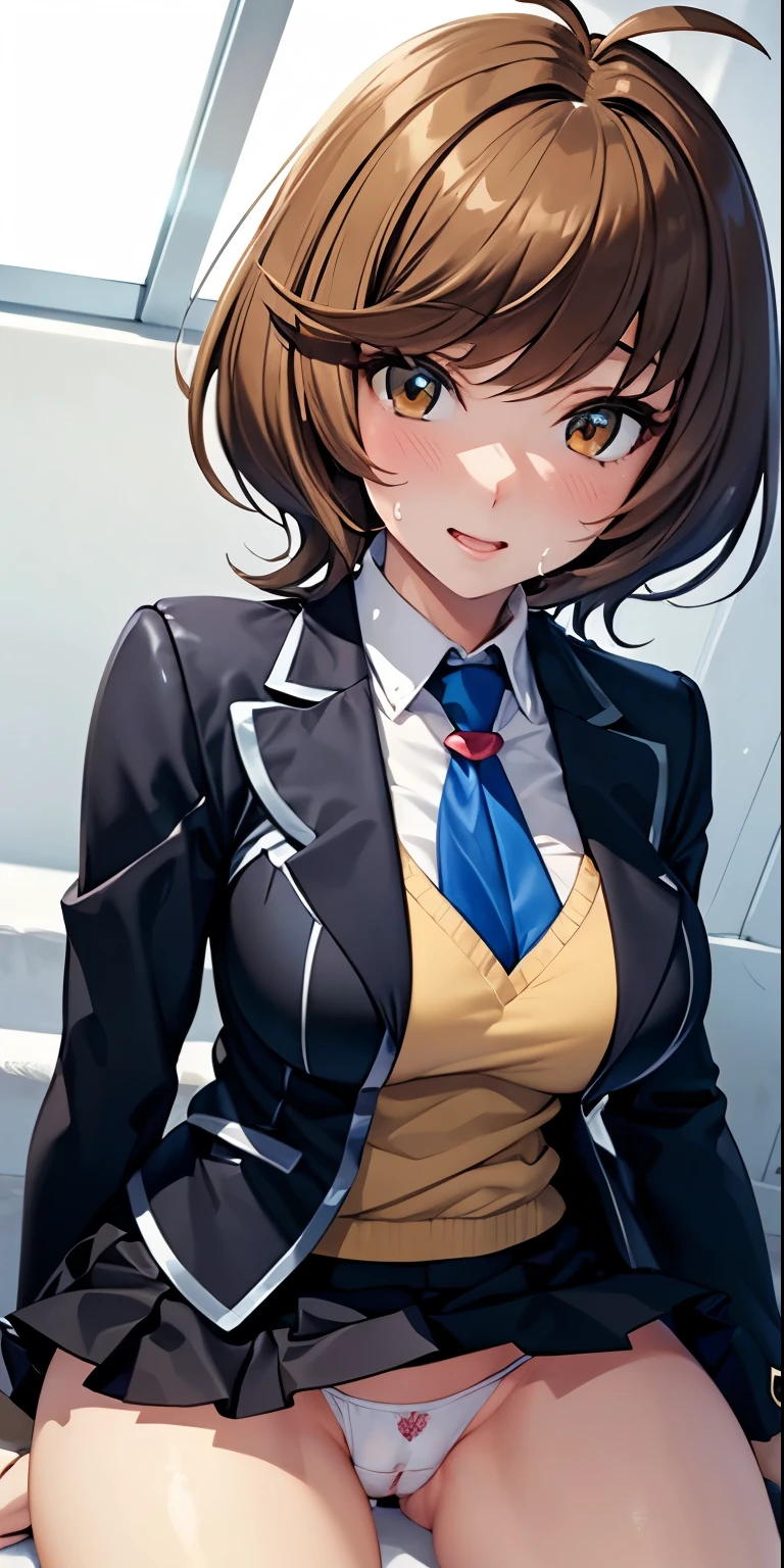 1 Female,High definition,high resolution,Ultra-realistic,8K, hmza, short hair, antenna hair, brown eyes, , blue necktie, (black jacket), yellow shirt,long sleeves,( black skirt),tight skirt , miniskirt,European,sexy,Upper body close-up,Photographed from the front,Dynamic Angles,blush, (big tits ), happy, wink the eye,facial, sweat ,(wide thighs:1.4),(white panties),(show panties),(pubic hair),(cameltoe)