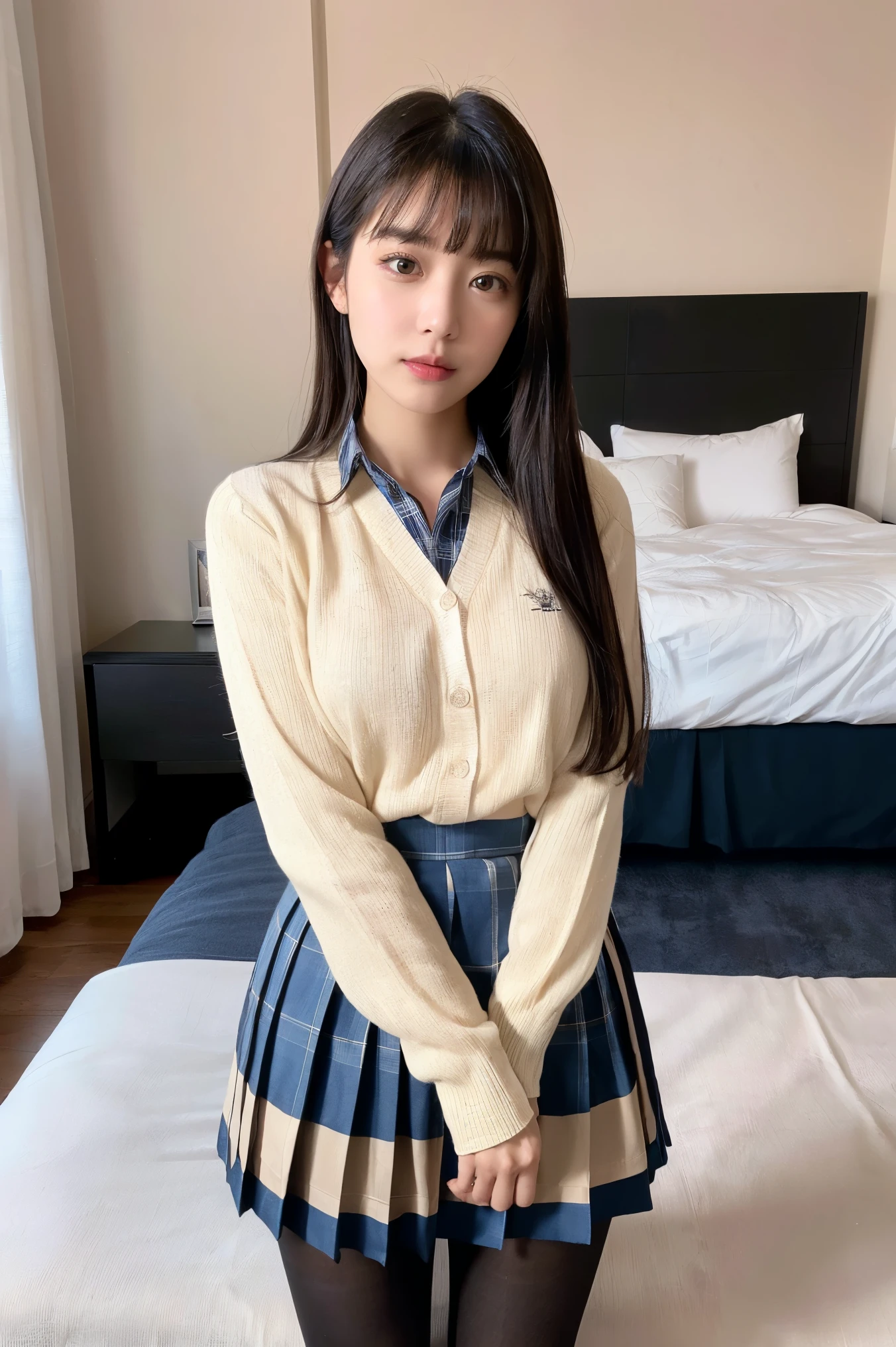 (((8k、High resolution、Highest quality、High resolution)))alone、Natural body shape、White skin、Natural Makeup、((Black Hair、bangs、Straight Long Hair))、((()))、Squat、(:1.4)、(())、(((((Full body photo)))))、(((Looking into the camera)))、(((Wear a uniform on the upper body)))、Bedroom、(((Of high school))) 、((white collared long sleeve blouse))、((Beige cardigan))、((Pleated skirt with dark blue plaid pattern、mini skirt、Ultra-realistic pantyhose))、、、Expressionless、((Exposing your thighs)), Beautiful mature woman