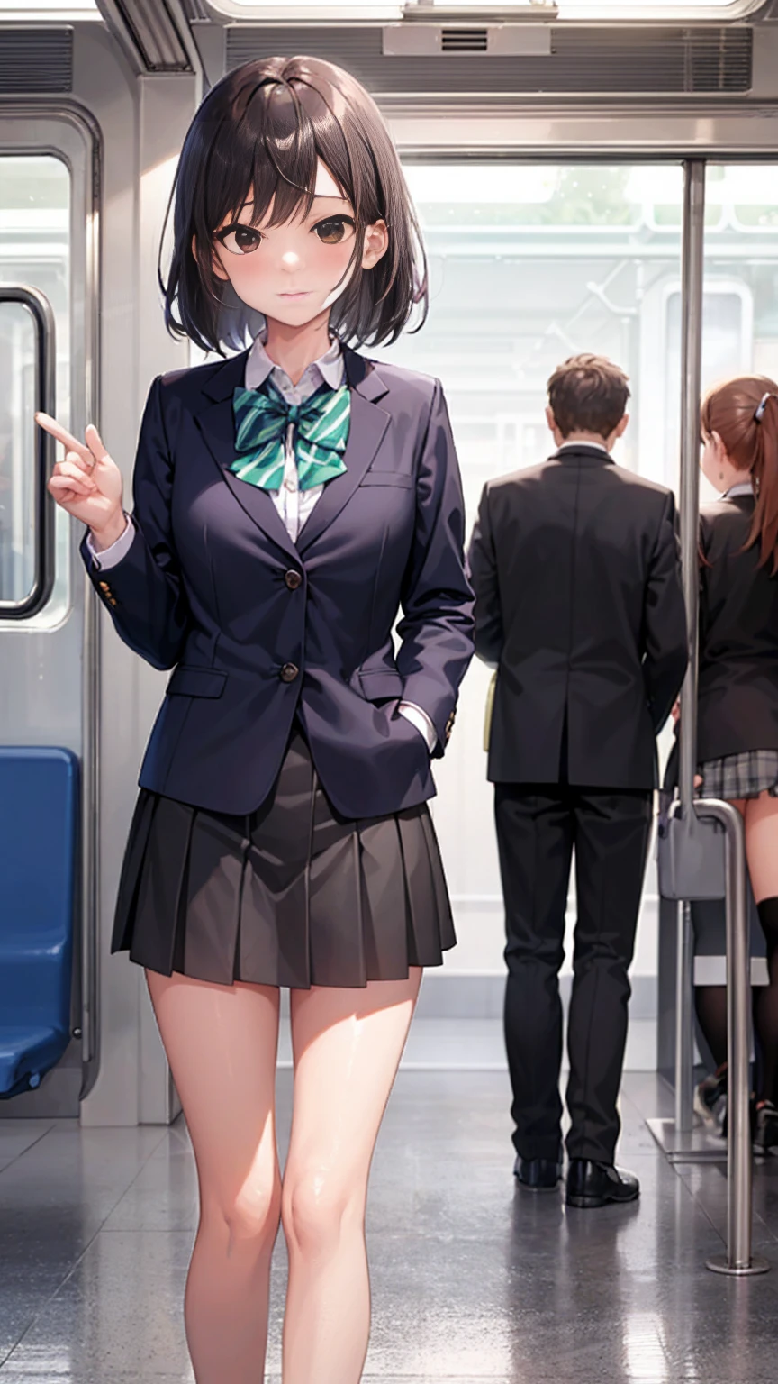 expensiveest quality、One Girl And One Middle Aged Man,full body figure、、Perfect Five Fingers、Perfect Legs、Perfect Legs、Arisu Tachibana、Embarrassed face、 Perfect、Detailed Description、The finer details、Detailed face、mini skirt、brown_hair, length_hair, brown_eye, bow, hair_bow, upper_body, green_bow, Closed_mouth, 前hair、White panties、White Panties、I can see your pants、school uniform、expensive 、in the train、in the train、Rear view、Man touching girl'Butt、男が女の子のButtをつかむ