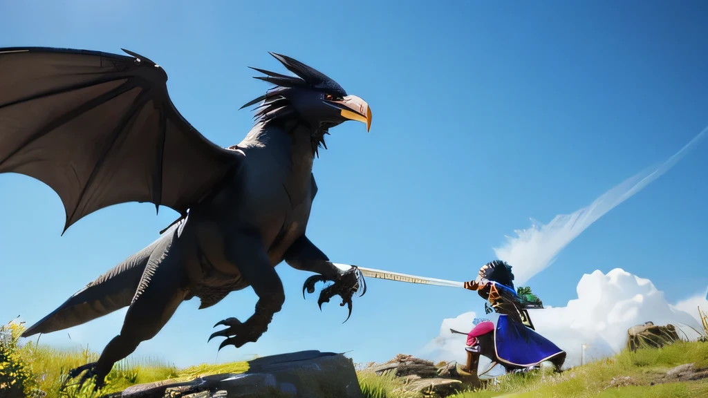 Dragon Quest、Peaceful scenery、、A black-haired hero with a sword and shield、Fighting a giant crow monster、The hero leaps in with his sword、Ultra high definition、4K