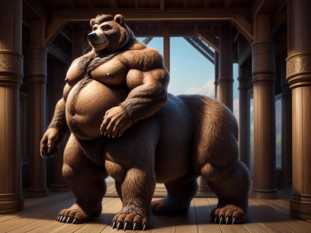 furry, fur taur, beartaur, middle-age, solo,1man, detailed face, bear ears, bear eyes(brown), bear nose(black), bear mouth, garibaldi beard(grey), hair, mature hair(grey), detailed arm, thick arm, forearm hair, muscular, thick hands(5 fingers), thick claws, detailed body belly, thick body, muscle belly(white), thick chest, chest hair(white), nipples, detailed taur body, thick taur body, waist hair, thick bear paws, bear paws hair, thick bear claws, thick bear tail, full body shot, standing in the asia zoo