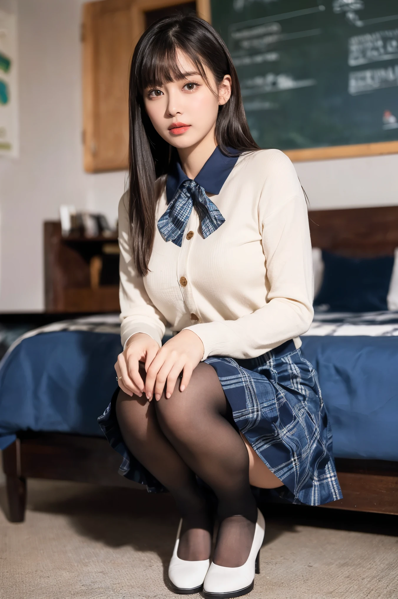 (((8k、High resolution、Highest quality、High resolution)))alone、Natural body shape、White skin、Natural Makeup、((Black Hair、bangs、Straight Long Hair))、((()))、Squat、(:1.4)、(())、(((((Full body photo)))))、(((Looking into the camera)))、(((Wear a uniform on the upper body)))、Bedroom、(((Of high school))) 、((white collared long sleeve blouse))、((Beige cardigan))、((Pleated skirt with dark blue plaid pattern、mini skirt、Ultra-realistic pantyhose))、、、Expressionless、((Exposing your thighs)), Beautiful mature woman
