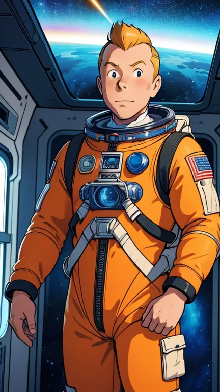 (1man, Tintin,1boy), (extremely detailed CG unit 8k wallpaper),(master part), (best quality), (ultra detail), (best illustration),(stud10gh1bl1_style), cowboy shot, (Sharp eyeliner, ombre, detailed eyes:1), Outer Space Station interiors background, ,break , (astronaut in an orange space suit), upper body,short hair ,blonde hair, 