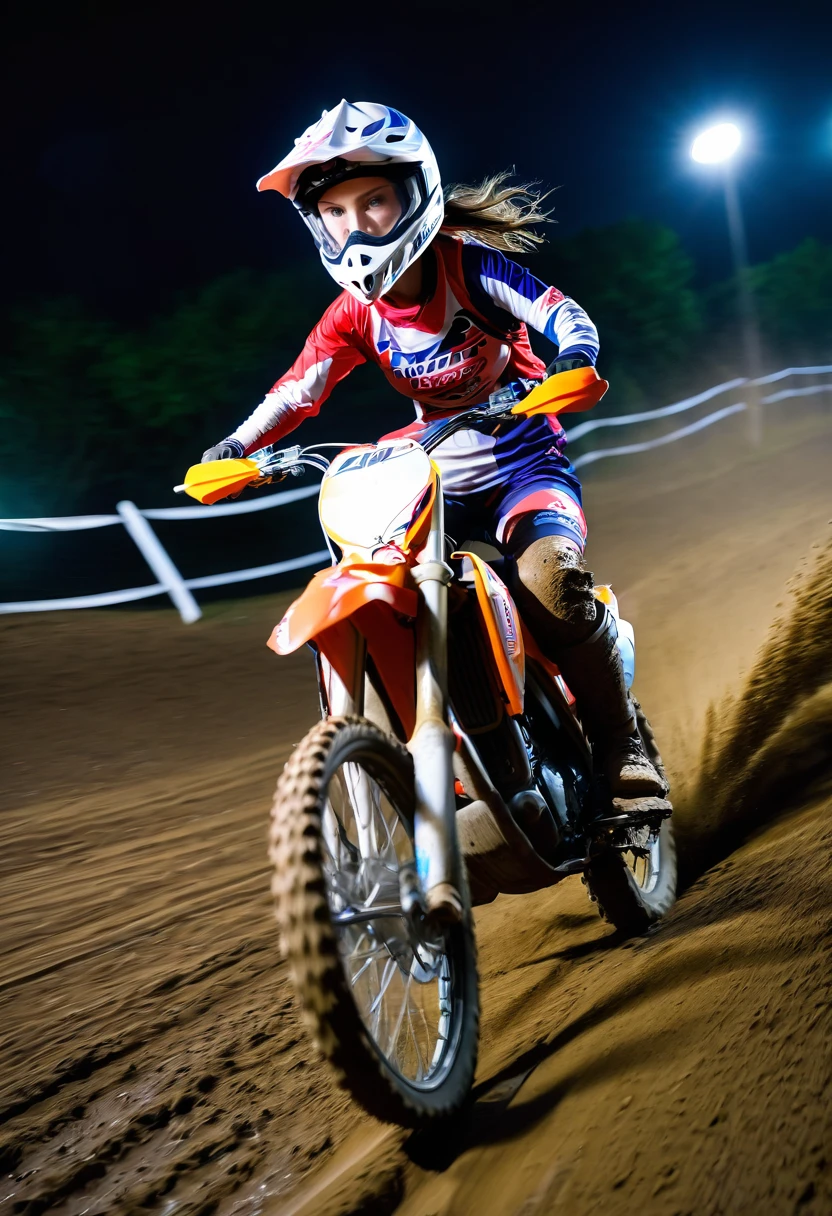 long exposure photo of a {girl on motocross bike } in motion, cross country, mud track, blurred edges, low angle, below view, slow shutter speed motion photography, light trail behind, shot on FujiFilm XT4 camera f/2. ISO 200