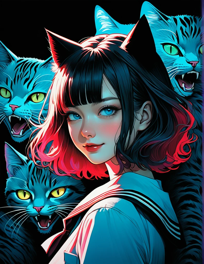 An illustration、art、70s horror movie posters, Supervised by Junji Ito、Attention to detail, Realistic Shadows、Analog Style, chromatic aberration, Surrealism、Complementary Gradient、(Highest quality, sketch:1.2),Realistic,An illustrationレーター,アニメ,1 girl, Detailed lips, Black and gold gradient background,Neon Hair,Texture Clipping, masterpiece, style: retro classic, Black style 、An illustration、art、70s horror movie posters, Supervised by Junji Ito、Attention to detail, Realistic Shadows、Analog style, chromatic aberration, Surrealism、Complementary Gradient、1 girl, 18-year-old, (Flat Chest: 1.5), Highest quality,High resolution,1People Girl,whole body,Are you okay,smile,Looking into the camera,short hair,Crimson Hair,Blue eyes,Sailor suit,beautiful girl,Cat ears on the head,Cat's tail on waist,smile,Be happy,landscape,walk,
