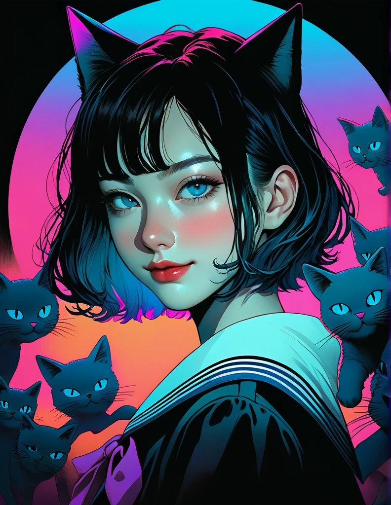 An illustration、art、70s horror movie posters, Supervised by Junji Ito、Attention to detail, Realistic Shadows、Analog Style, chromatic aberration, Surrealism、Complementary Gradient、(Highest quality, sketch:1.2),Realistic,An illustrationレーター,アニメ,1 girl, Detailed lips, Black and gold gradient background,Neon Hair,Texture Clipping, masterpiece, style: retro classic, Black style 、An illustration、art、70s horror movie posters, Supervised by Junji Ito、Attention to detail, Realistic Shadows、Analog style, chromatic aberration, Surrealism、Complementary Gradient、1 girl, 18-year-old, (Flat Chest: 1.5), Highest quality,High resolution,1People Girl,whole body,Are you okay,smile,Looking into the camera,short hair,Crimson Hair,Blue eyes,Sailor suit,beautiful girl,Cat ears on the head,Cat's tail on waist,smile,Be happy,landscape,walk,